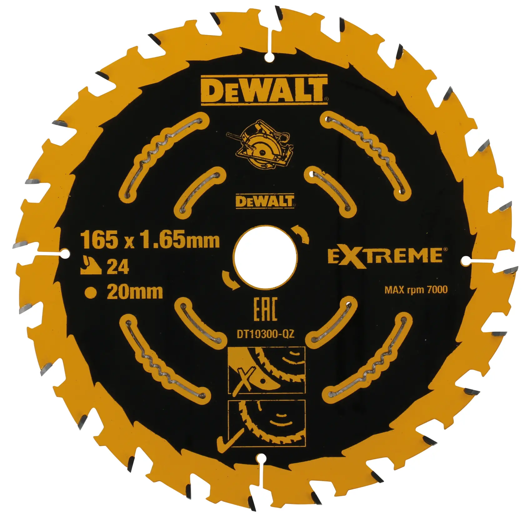 DEWALT 165mm circular saw blade with 24 teeth, black and yellow, model DT10300-F shown.