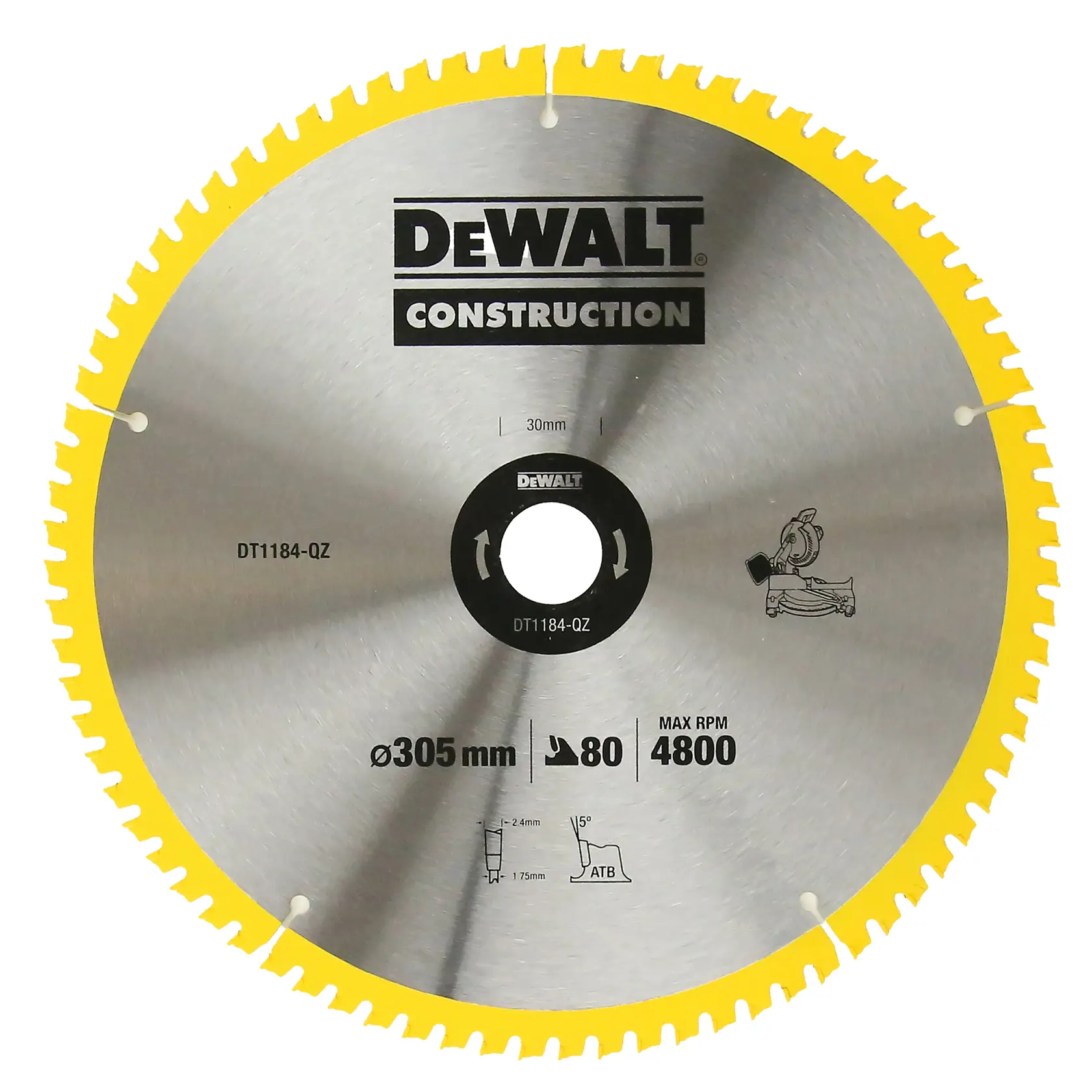 DEWALT DT1184 circular saw blade, 305mm diameter, 80 teeth, for construction, max 4800 RPM.