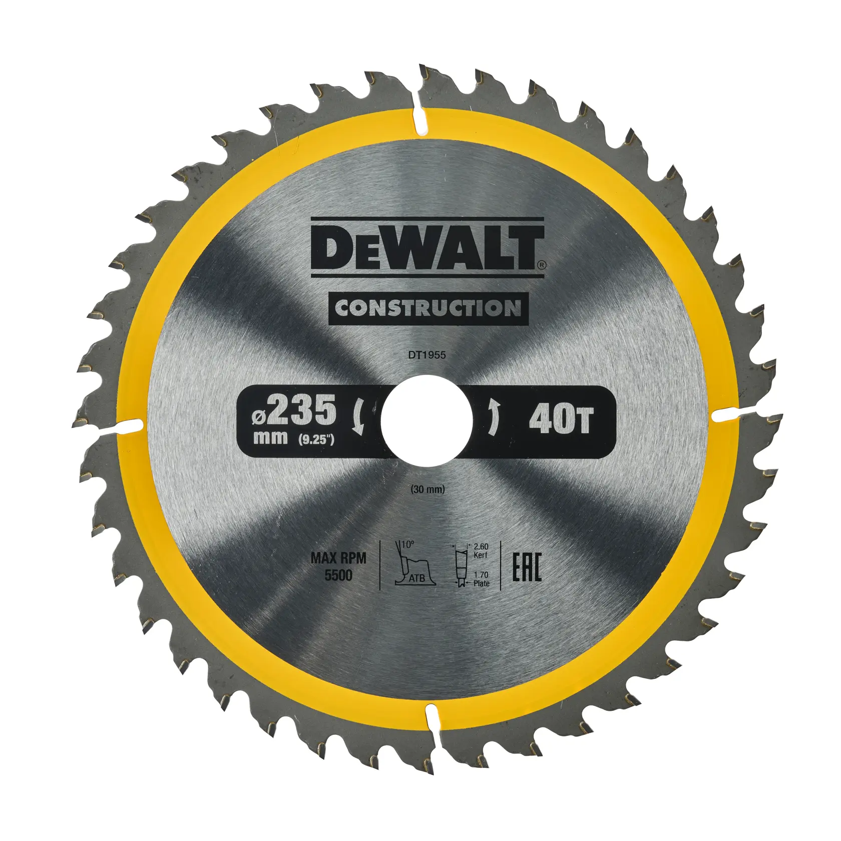 DEWALT DT1955 circular saw blade, 235mm diameter, 40 teeth, silver with yellow trim, for construction.