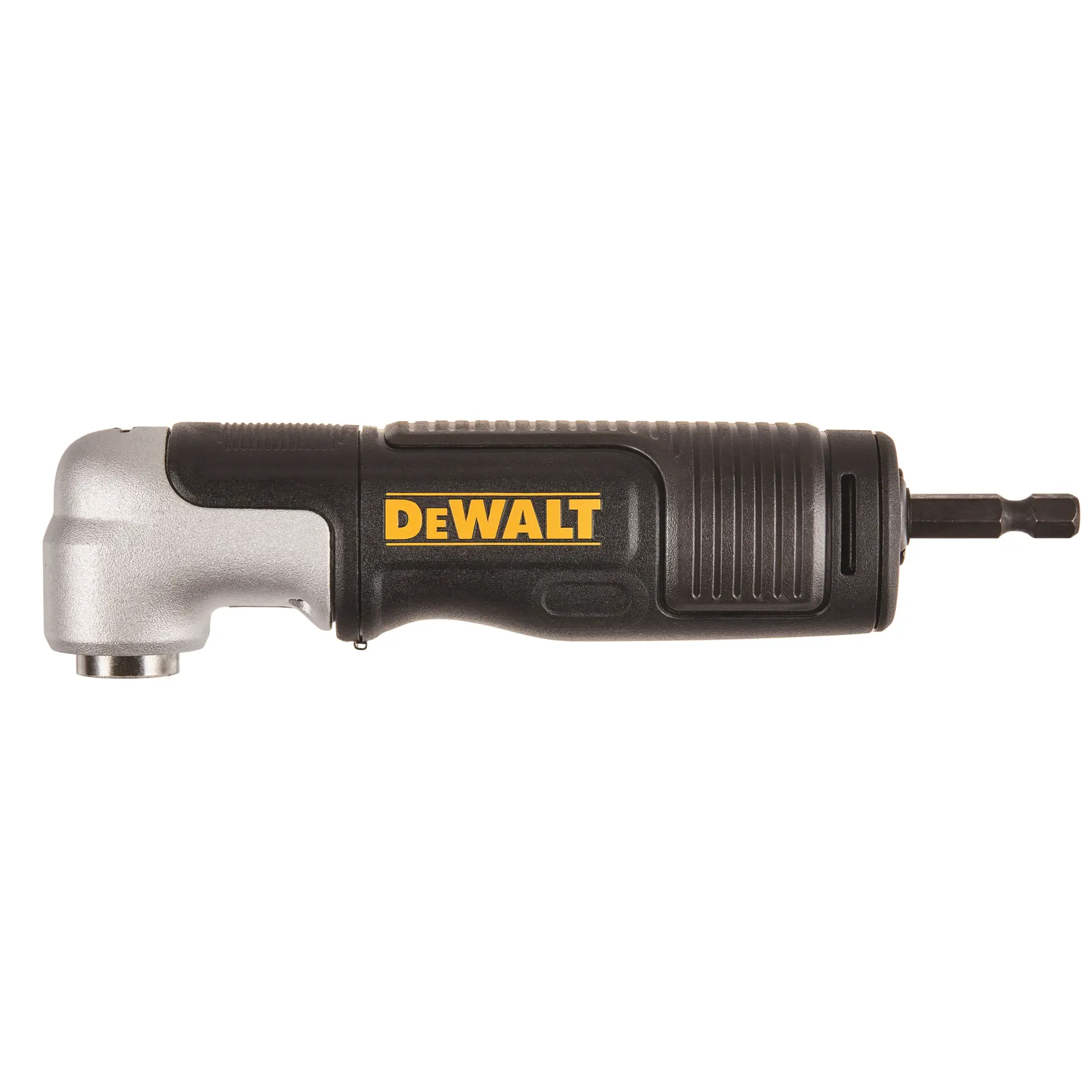 A DEWALT right angle drill attachment with a black and silver design. The tool features a DEWALT logo in yellow on the side.