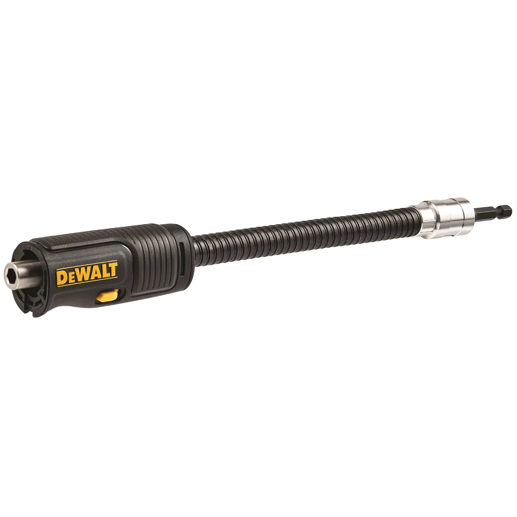 A DEWALT branded flexible shaft screwdriver extension with a black and silver design, used to extend reach for screwdriving tasks.
