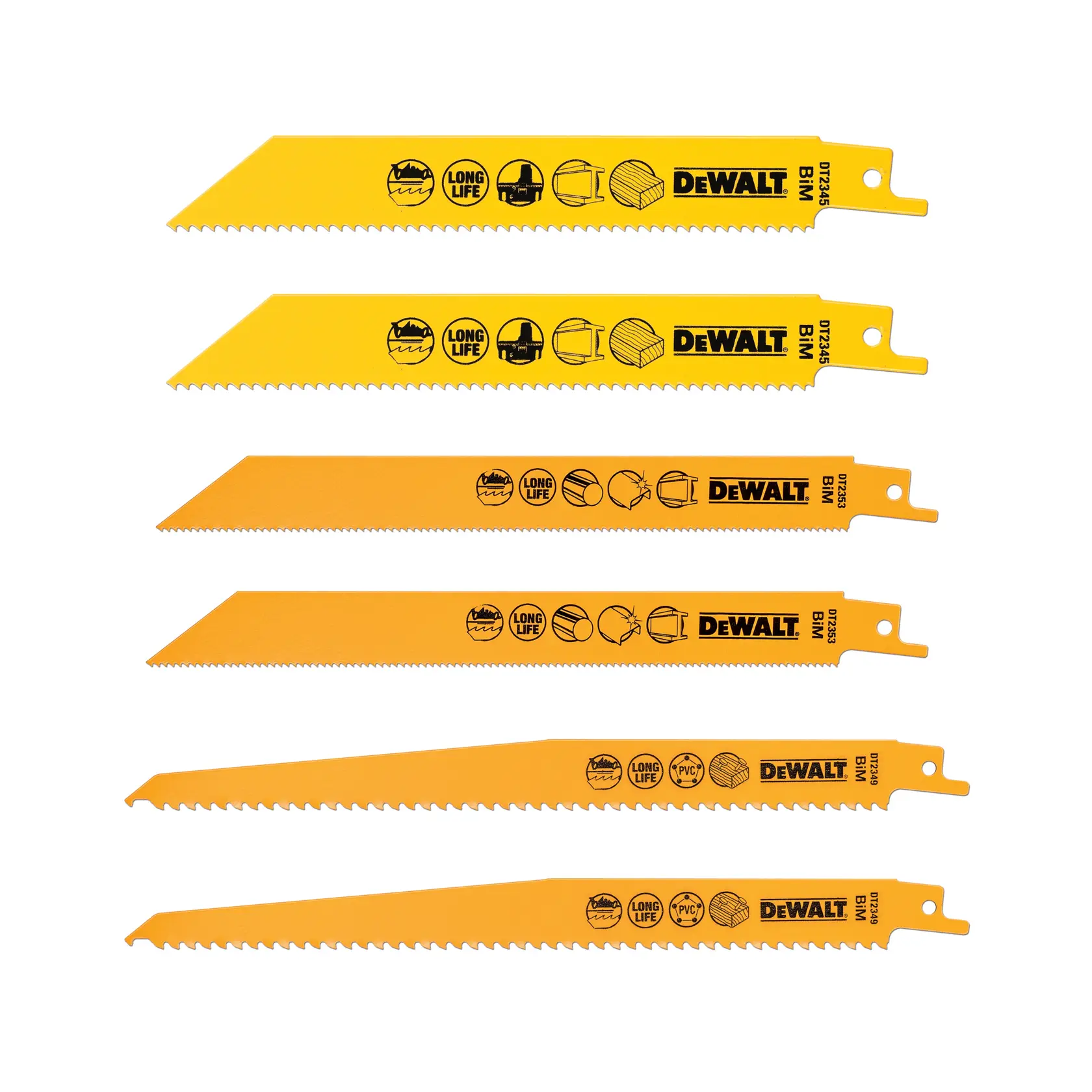 Set of six yellow DEWALT reciprocating saw blades with icons, used for cutting wood and metal.