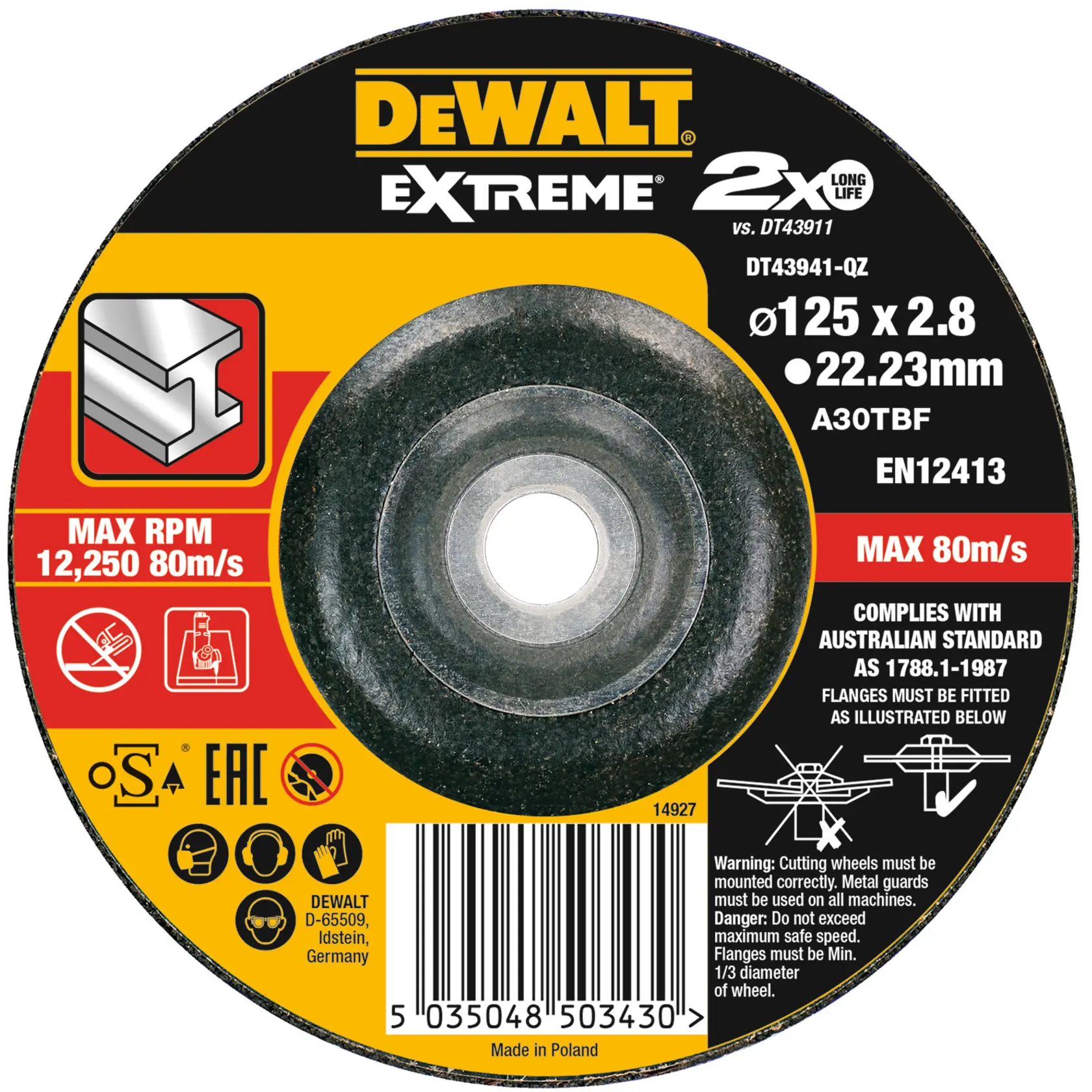 DEWALT® EXTREME® Bonded Cutting Disc, 125mm X 3.0mm X 22.23mm