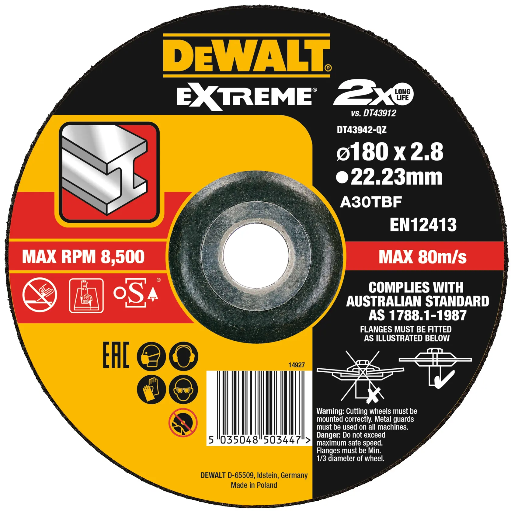 DEWALT® EXTREME® BONDED DISC CUTTING 180MM X 3.0MM X 22.23MM