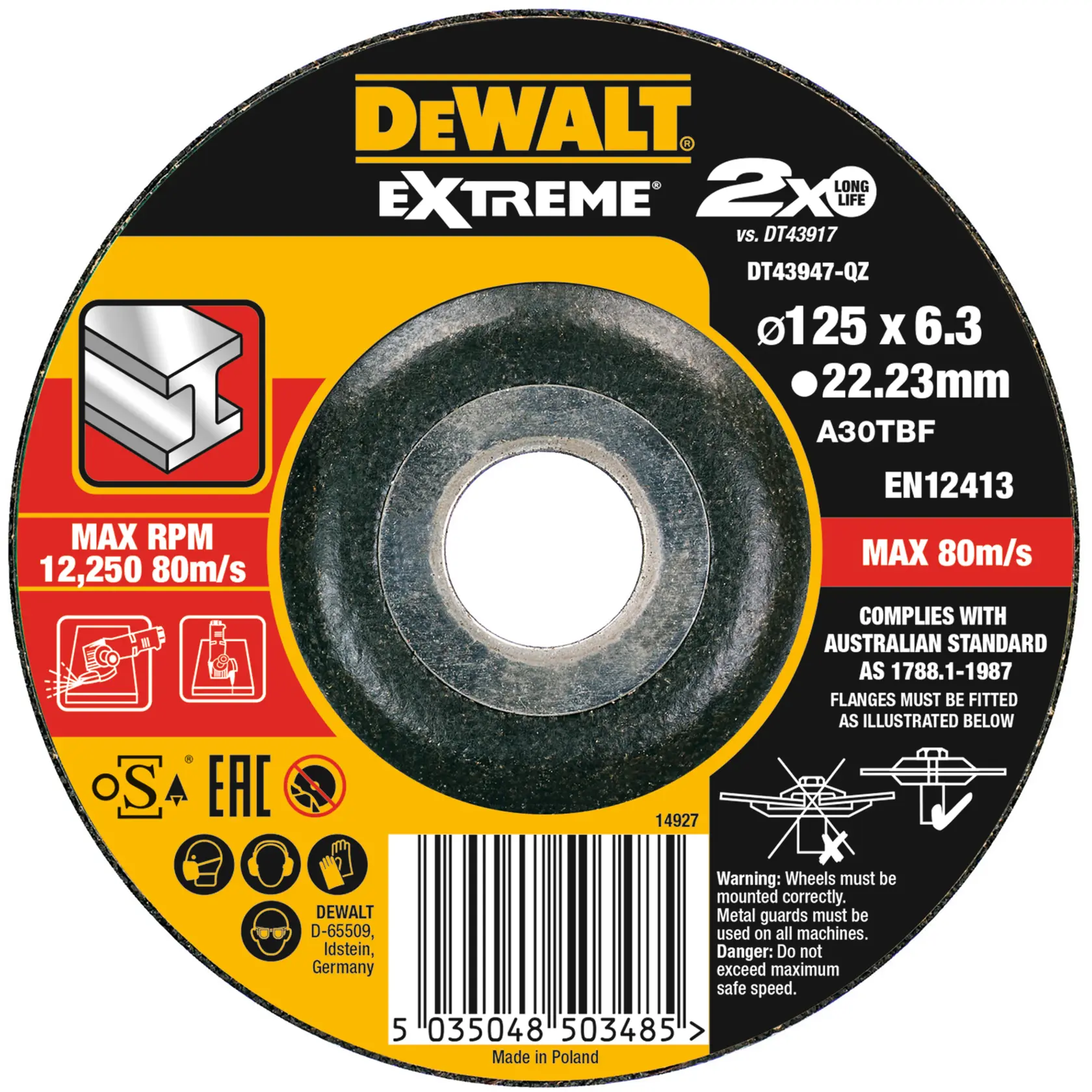 DEWALT® EXTREME® 125mm X 6.3mm X 22.23mm Bonded Grinding Disc