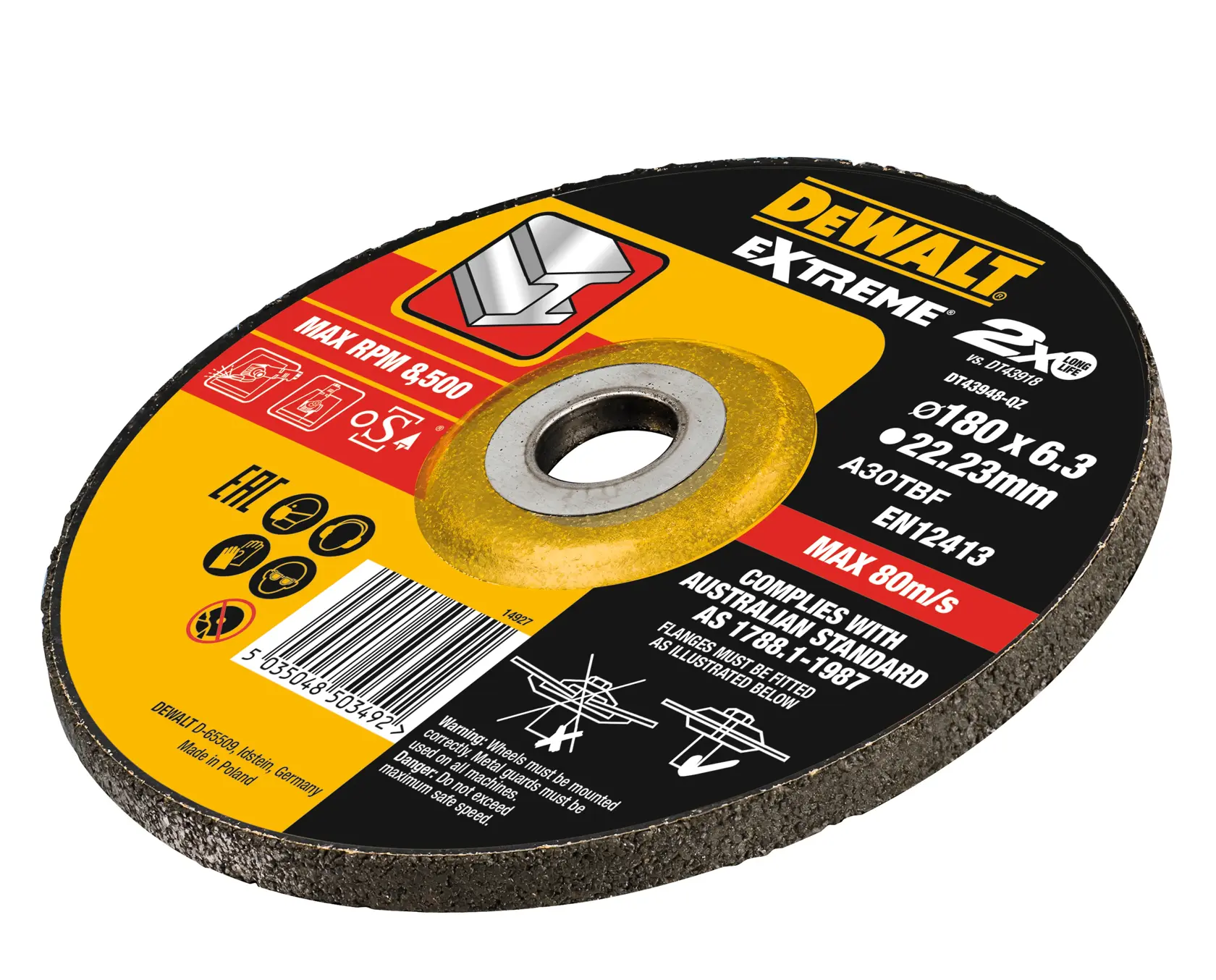 DEWALT® EXTREME® BONDED DISC GRINDING 180MM X 6.3MM X 22.23MM
