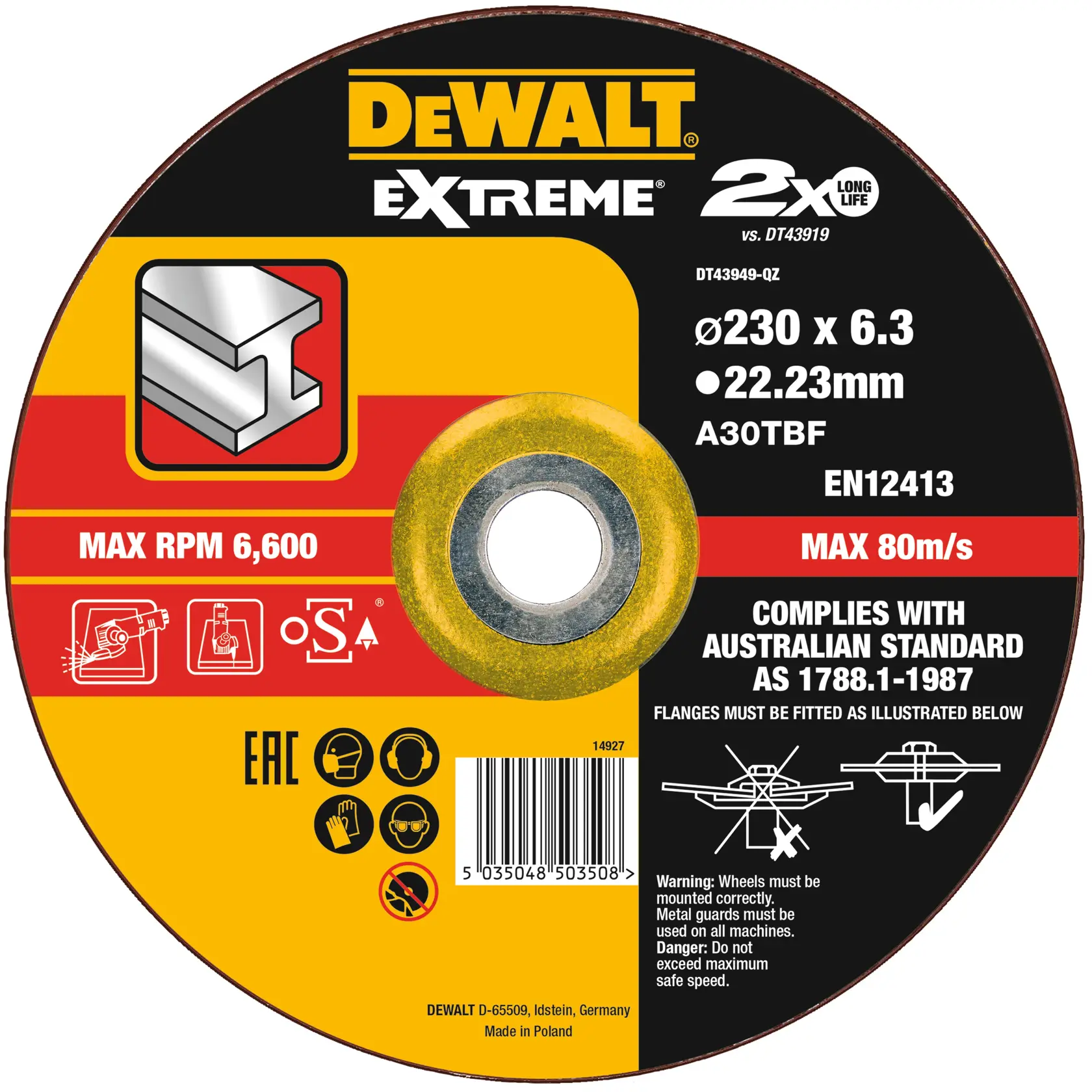 DEWALT® EXTREME® Bonded Grinding Disc, 230mm X 6.3mm X 22.23mm