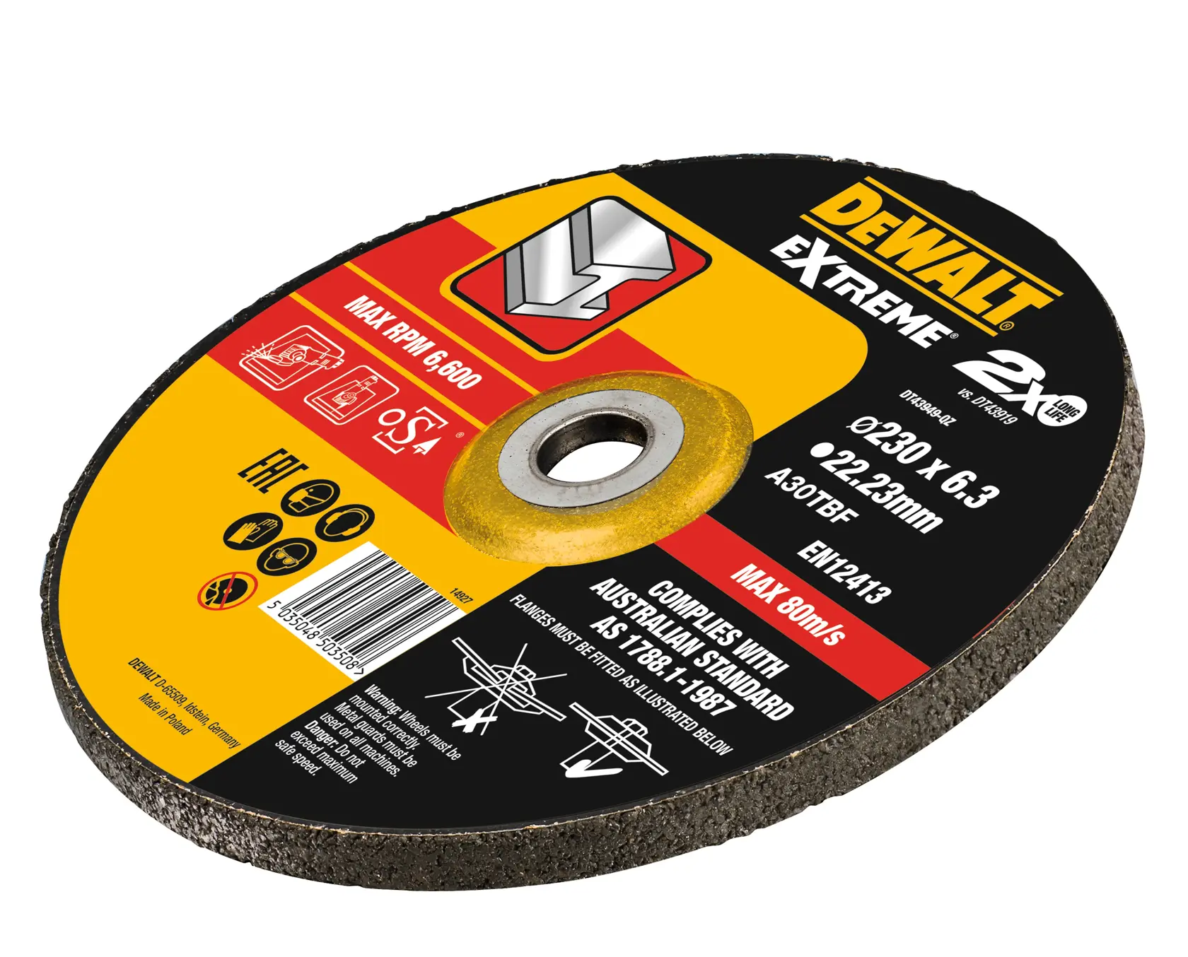 DEWALT® EXTREME® Bonded Grinding Disc, 230mm X 6.3mm X 22.23mm