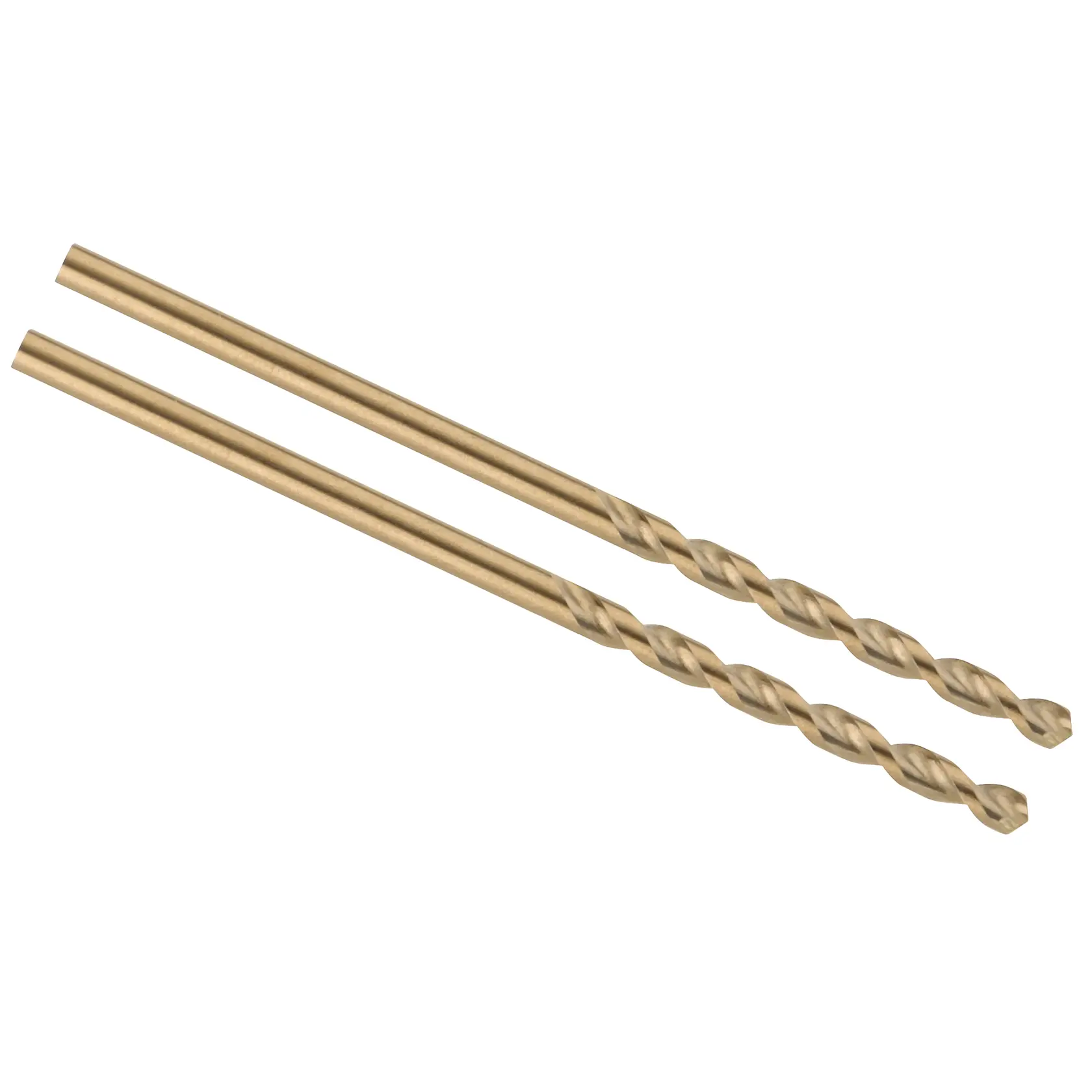 Two gold-colored DEWALT drill bits with twisted shafts, shown on a white background.