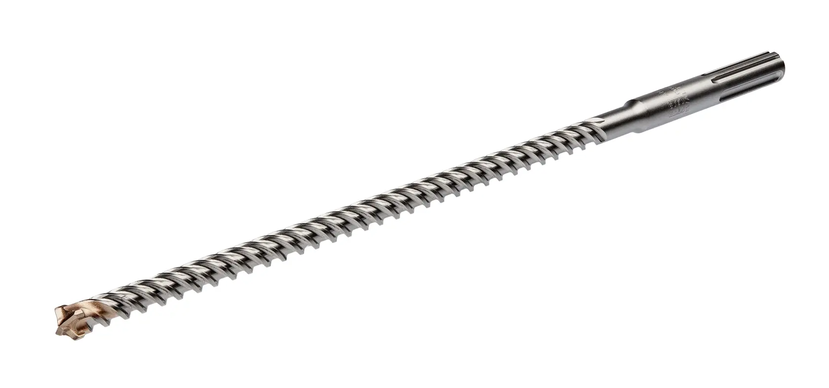 Long metal masonry drill bit with spiral design and pointed tip on a white background.
