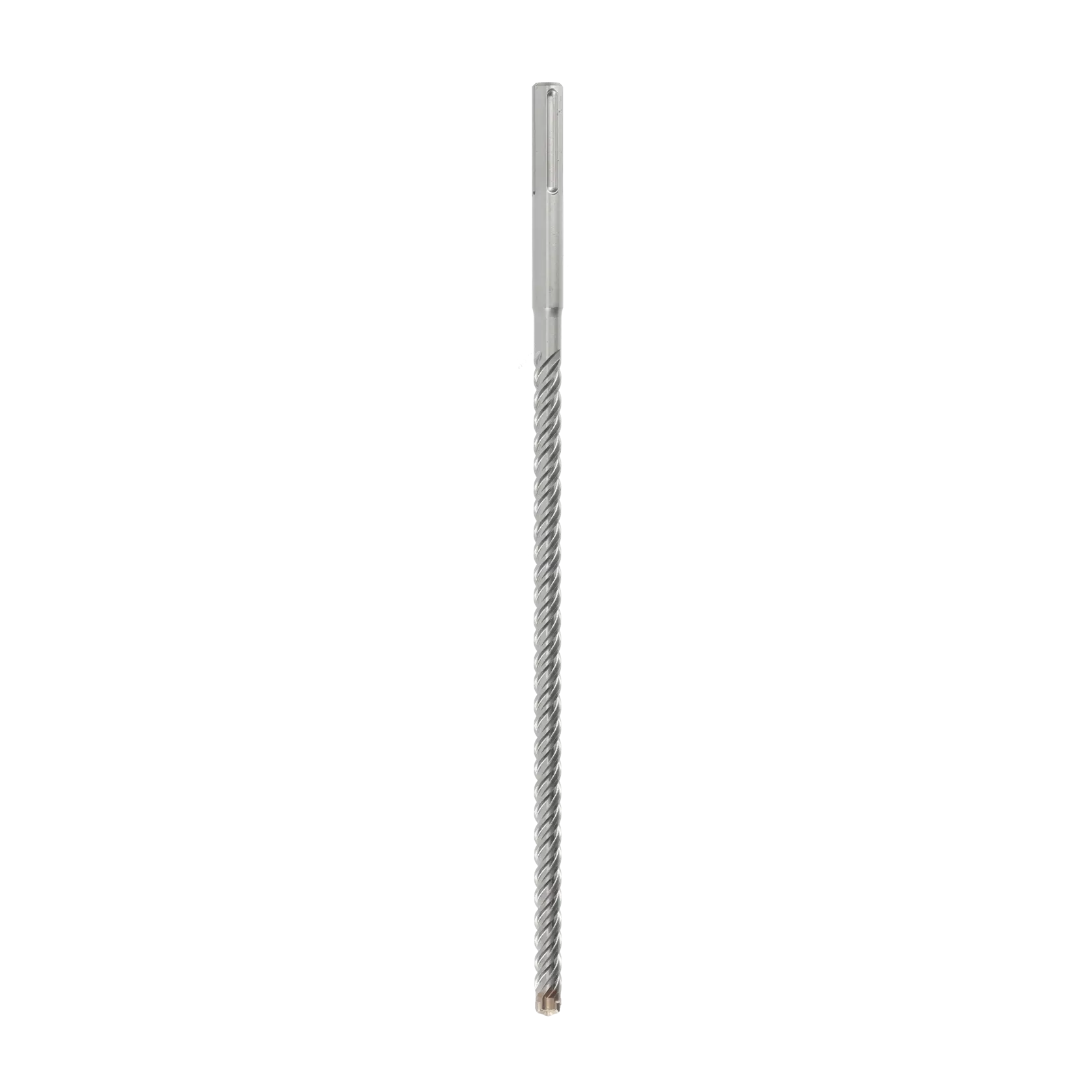 Long, silver DEWALT SDS-plus drill bit with spiral grooves, shown vertically on a white background.