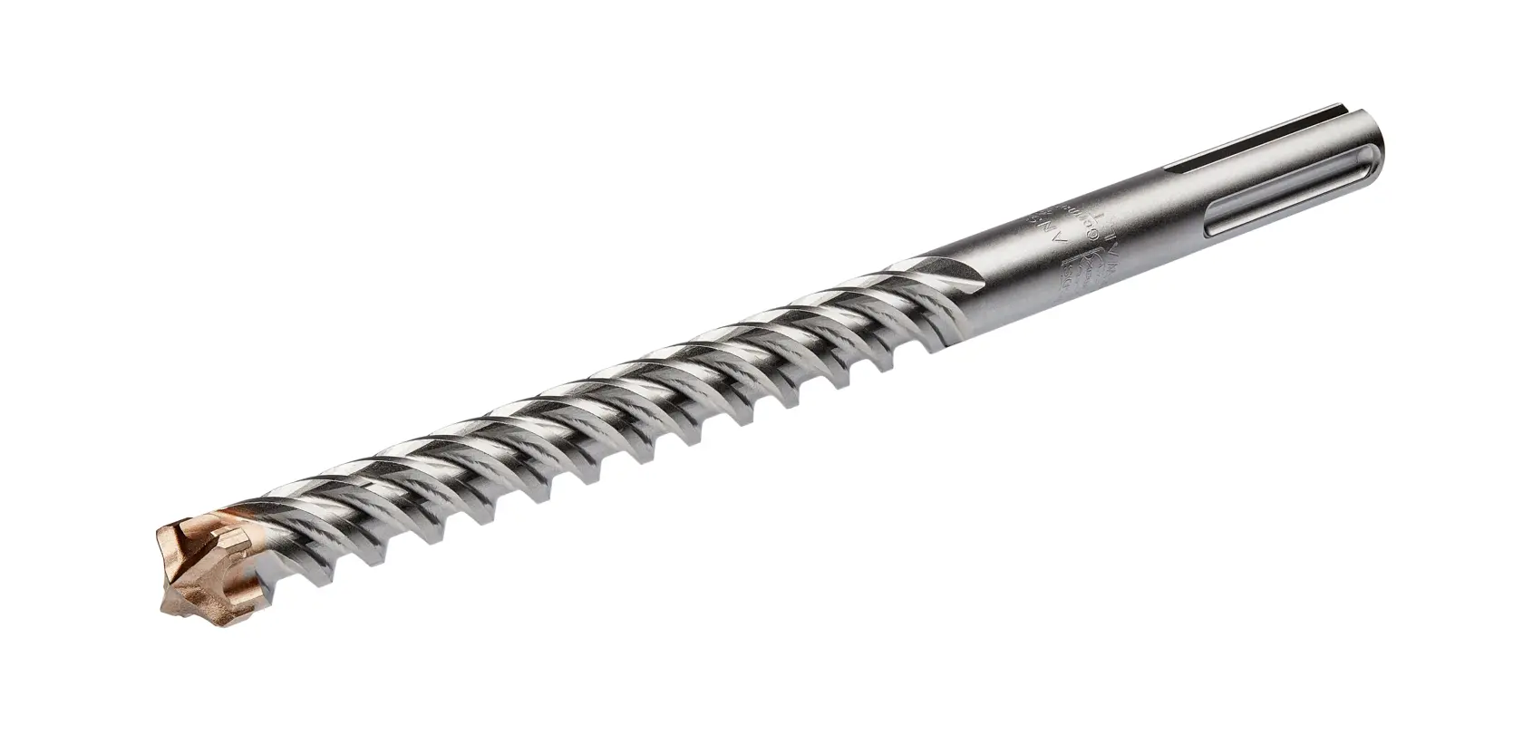 Metal DEWALT drill bit with spiral structure and carbide tip, isolated on white background.