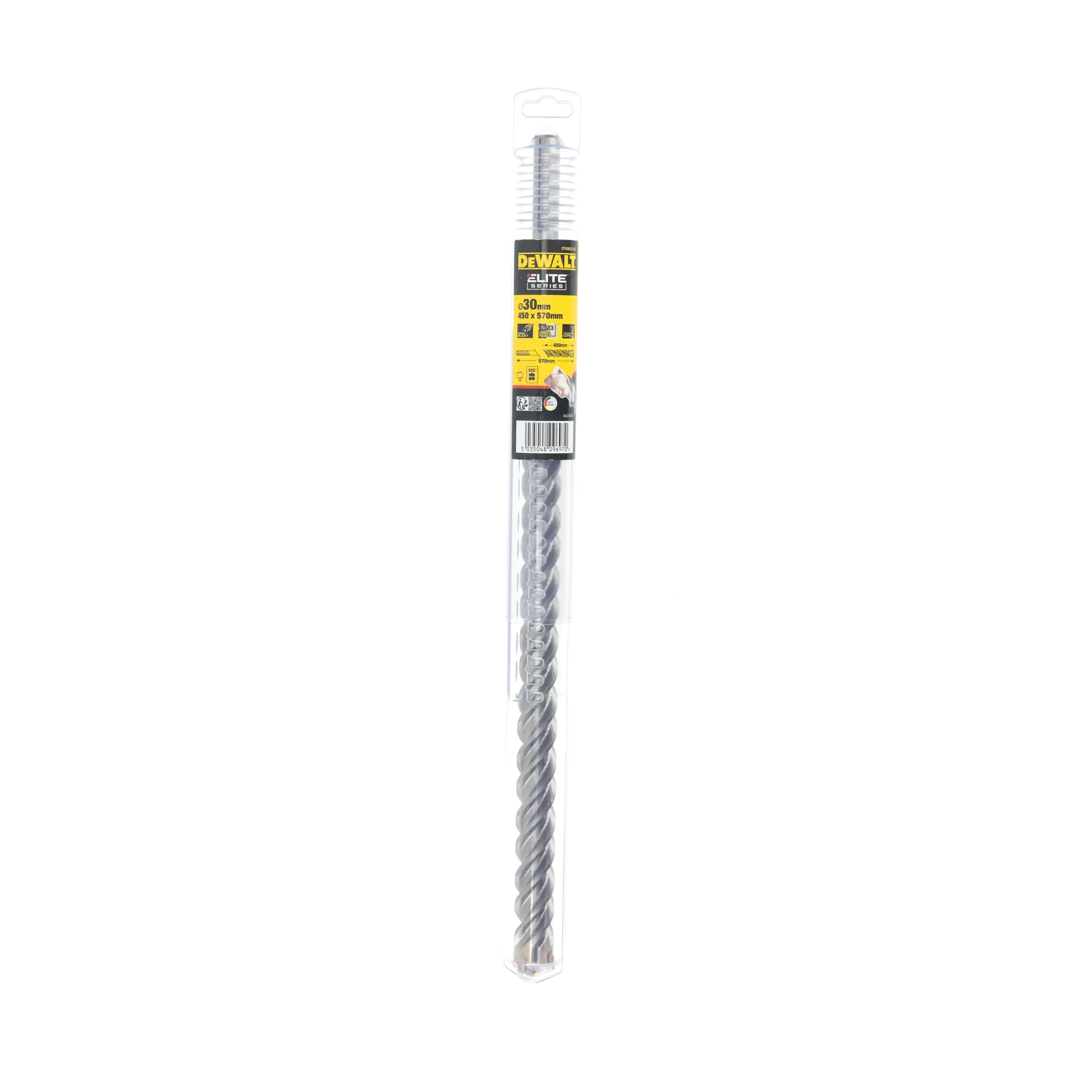 DEWALT Elite Series masonry drill bit in clear packaging, label indicates 30mm x 570mm size.