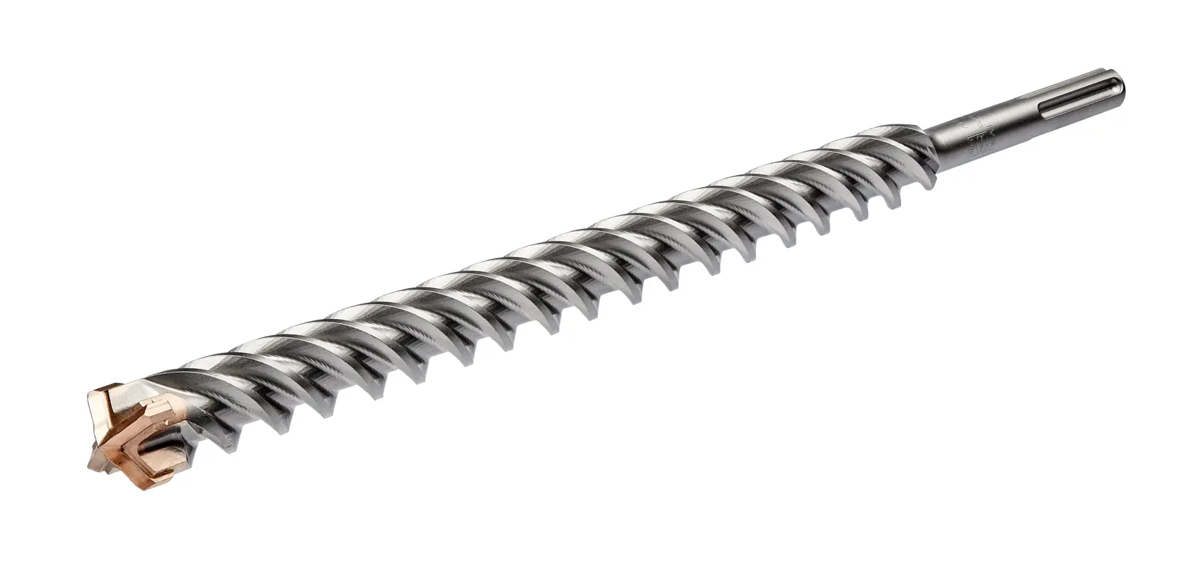 A DEWALT SDS drill bit with spiral shaft and carbide tip, suitable for masonry and concrete drilling.