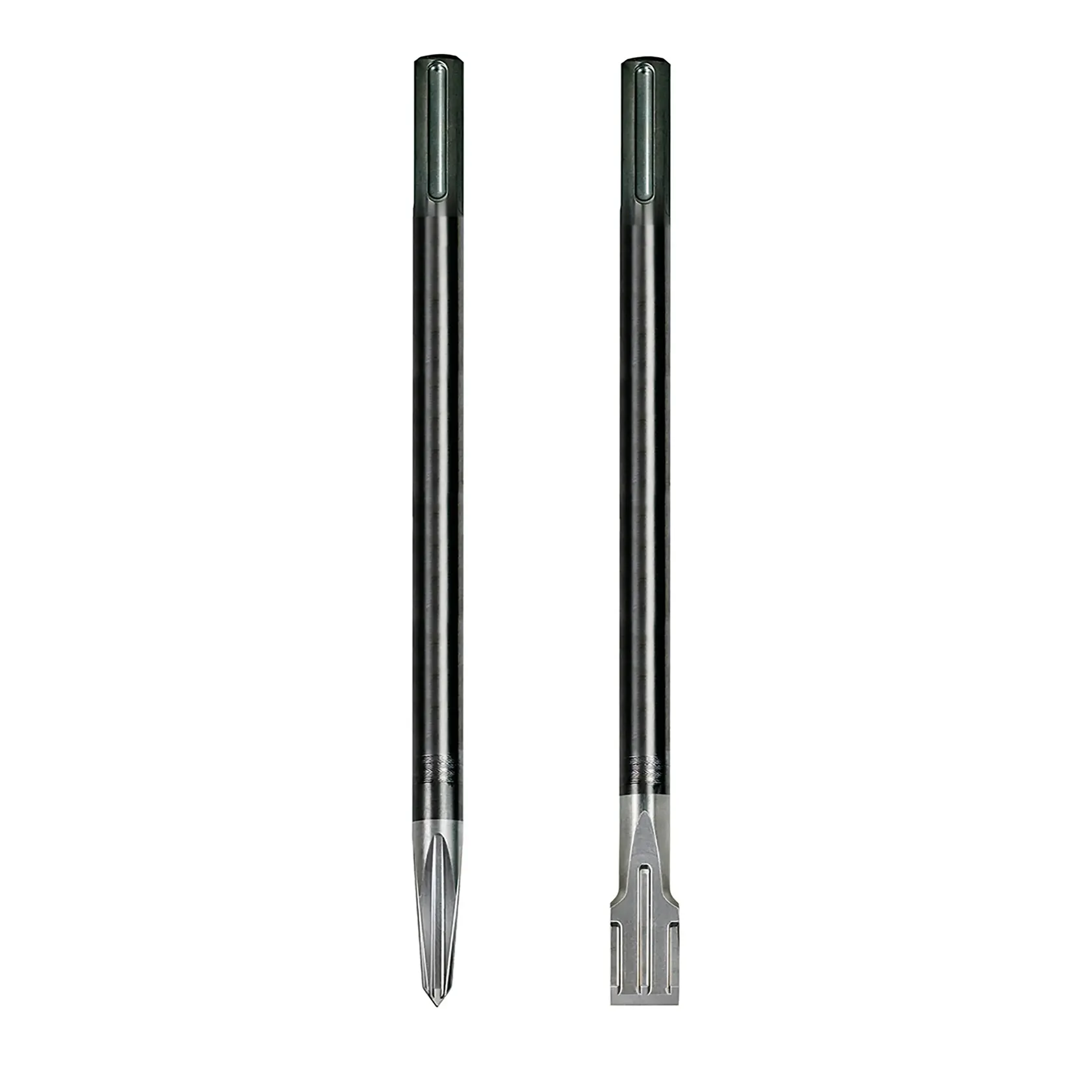 Two DEWALT metal chisel bits for drilling and chiseling tasks, shown vertically on a white background.