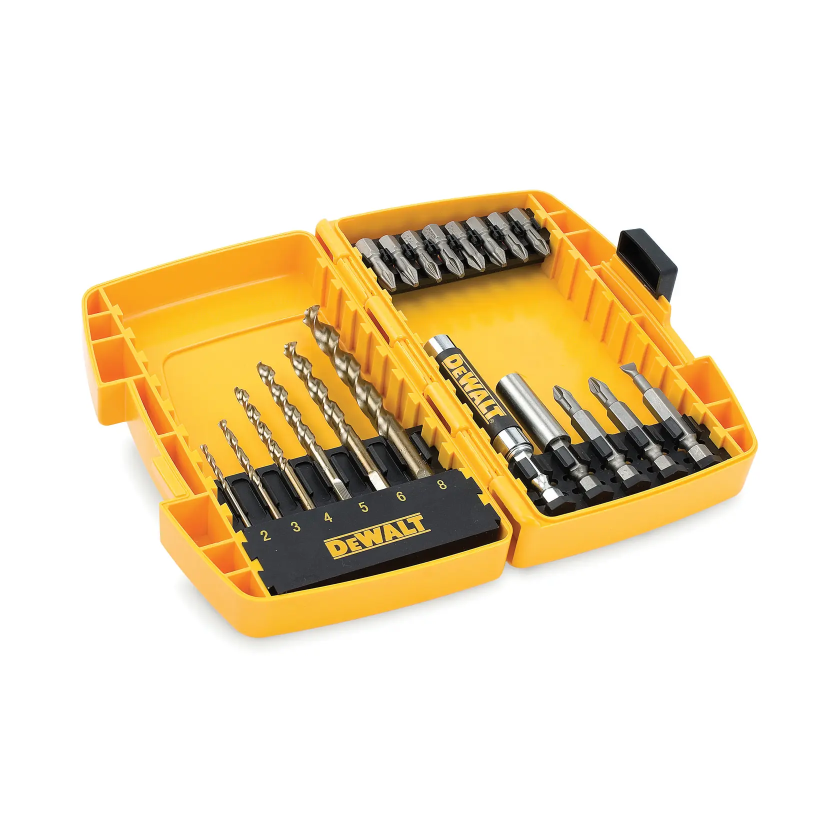 DEWALT yellow drill and screwdriver bit set in a plastic case with assorted sizes.