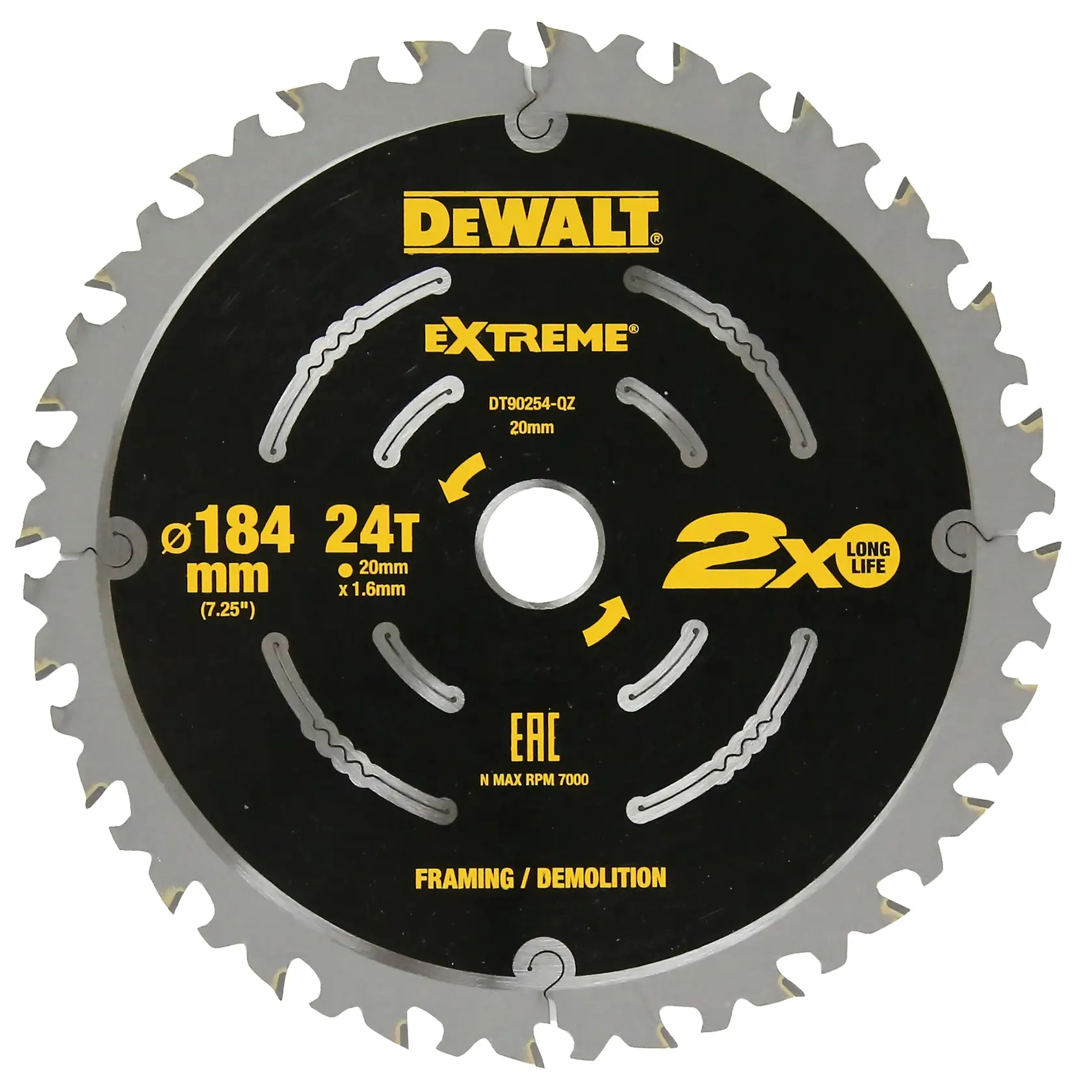 DEWALT® EXTREME 2X LIFE DEMOLITION CIRCULAR SAW BLADE (184 mm X 24T) (16/20 mm)
