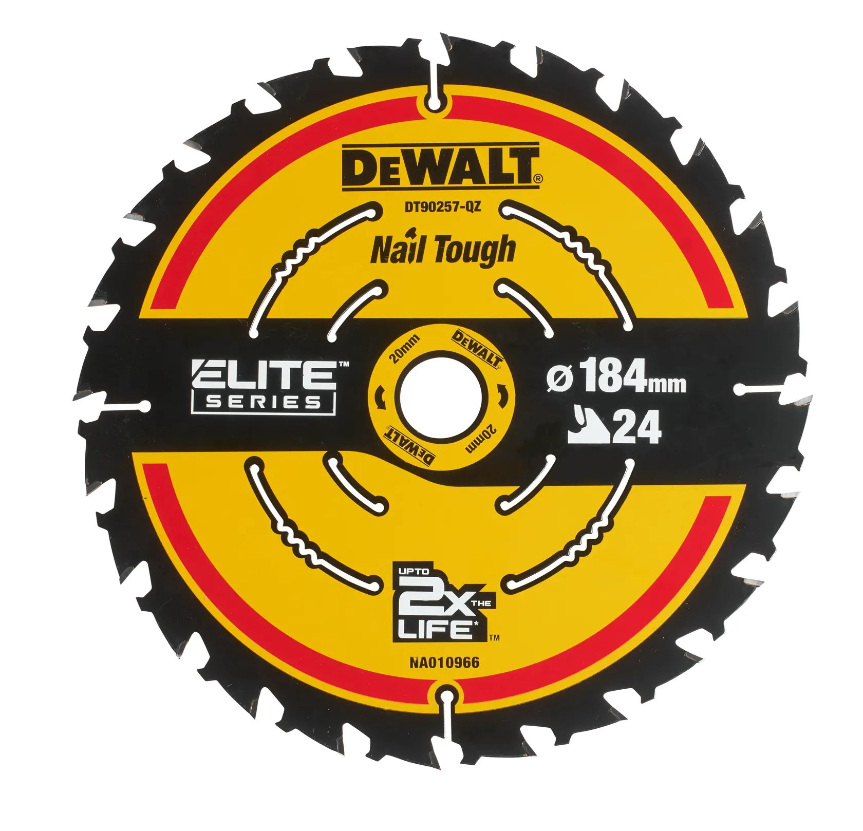 DEWALT DT90257 circular saw blade, 184mm, 24 teeth, yellow and black, Elite Series, Nail Tough.