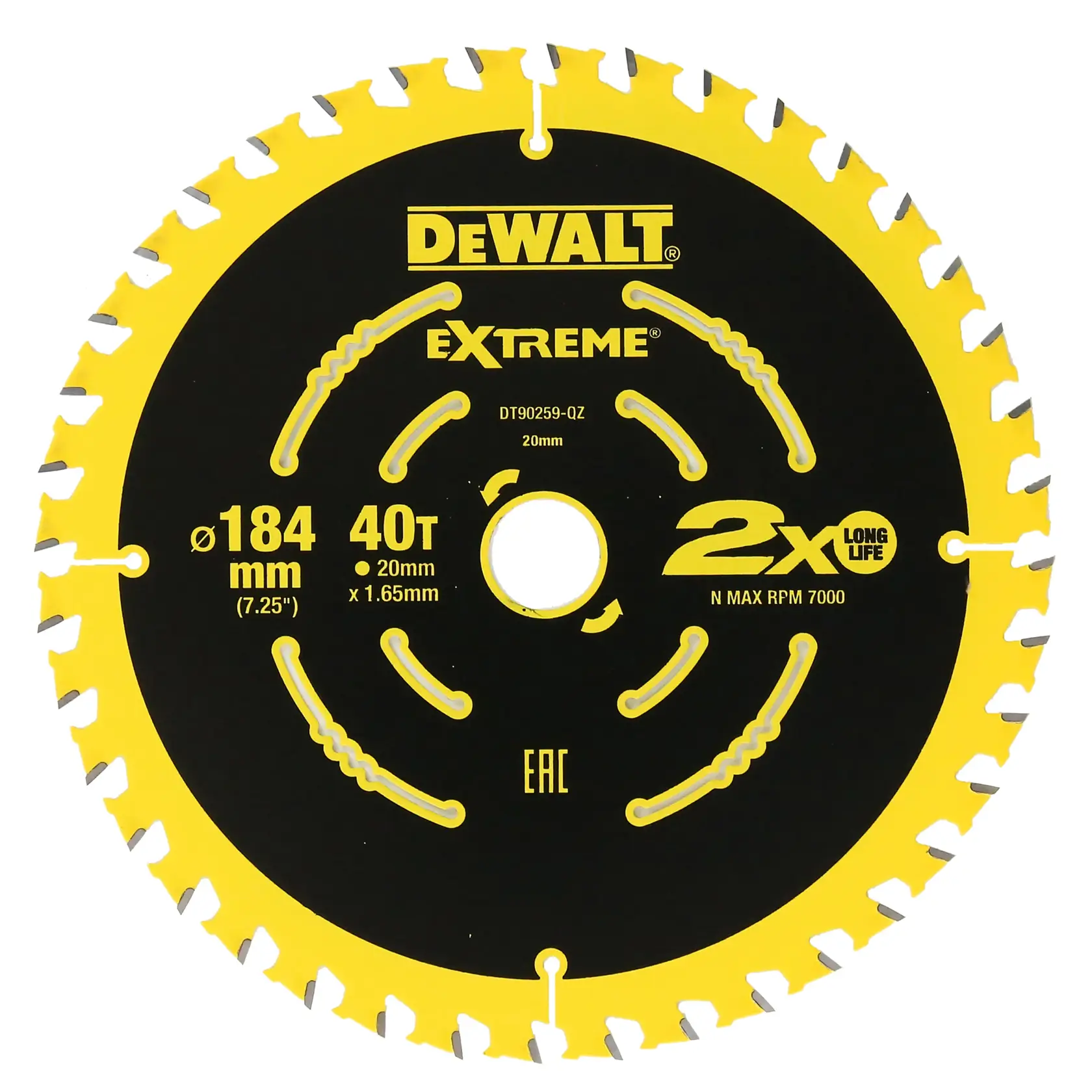 DEWALT Extreme circular saw blade, 184 mm diameter, 40 teeth, black and yellow, for cutting tasks.