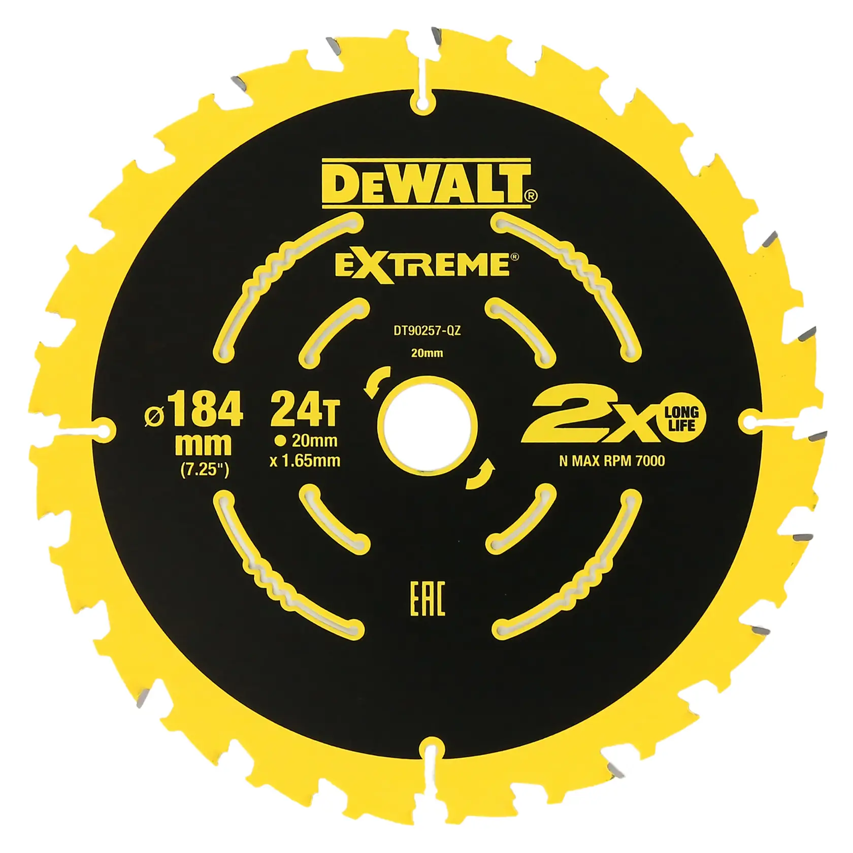 DEWALT DT90260 circular saw blade, 184mm diameter, 24 teeth, extreme series, black and yellow.