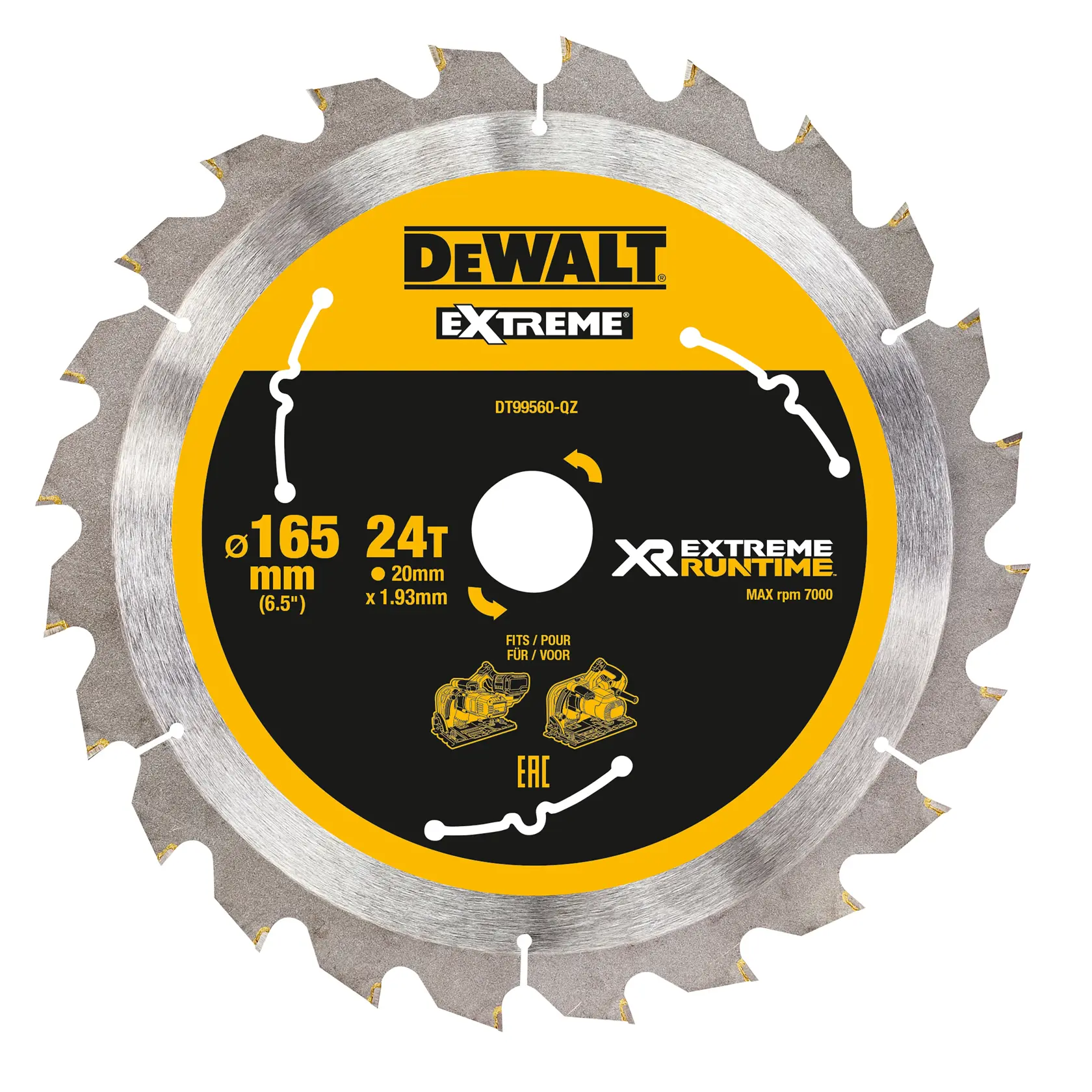 DEWALT Extreme saw blade, 165mm diameter, 24 teeth, for woodworking with circular saws.