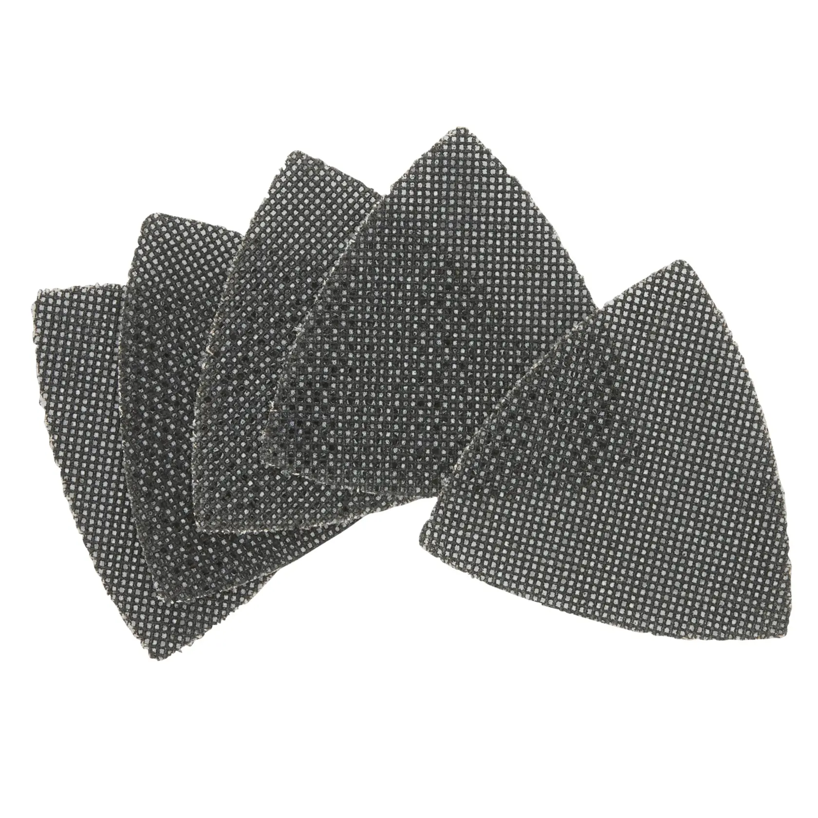 Five DEWALT triangular sanding mesh pads arranged in a fanned layout on a white background.