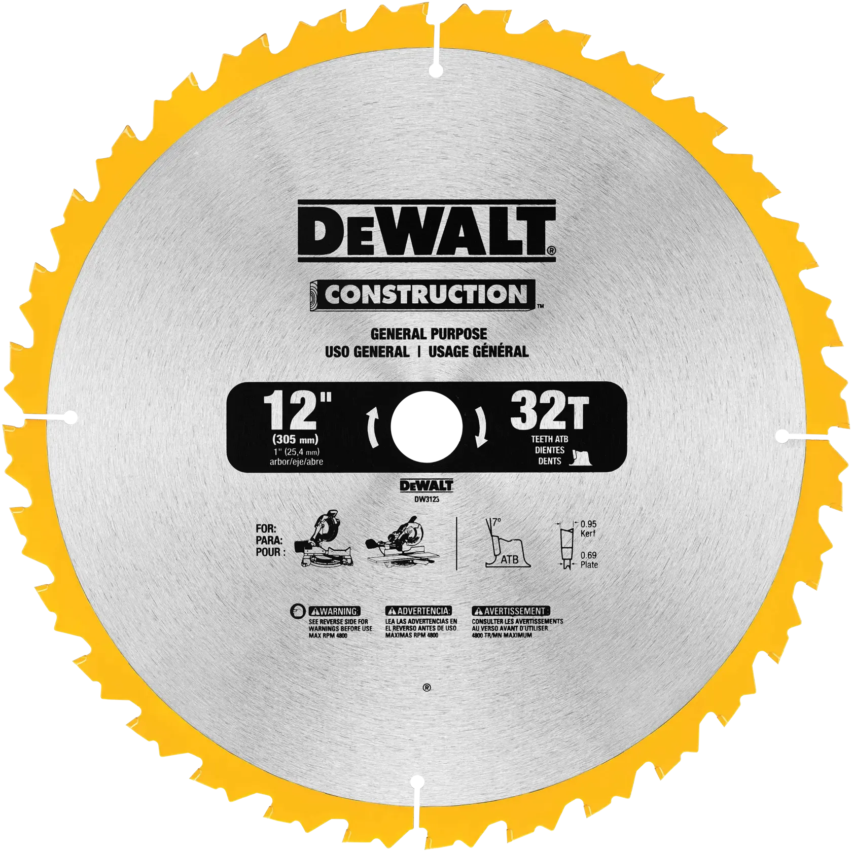 DEWALT 12-inch 32-tooth construction saw blade for general purpose cutting, shown with silver body and yellow edge, featuring product specifications and safety warnings printed on the surface.