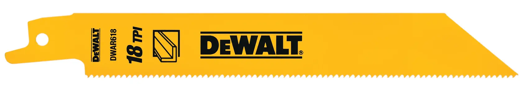 A yellow DEWALT reciprocating saw blade with pointed end and serrated edge, labeled DW4811 and 18 TPI.