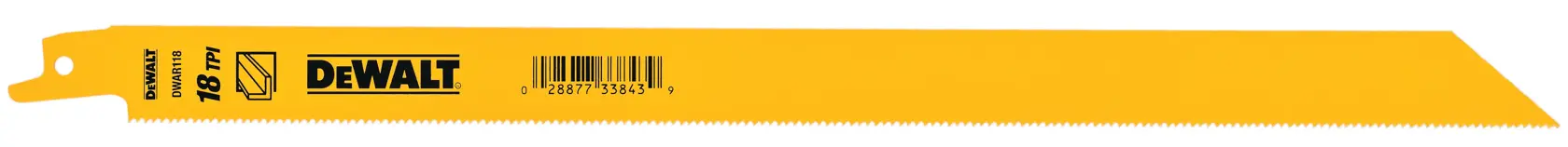 A yellow DEWALT reciprocating saw blade with fine teeth, marked with the brand logo and product details.