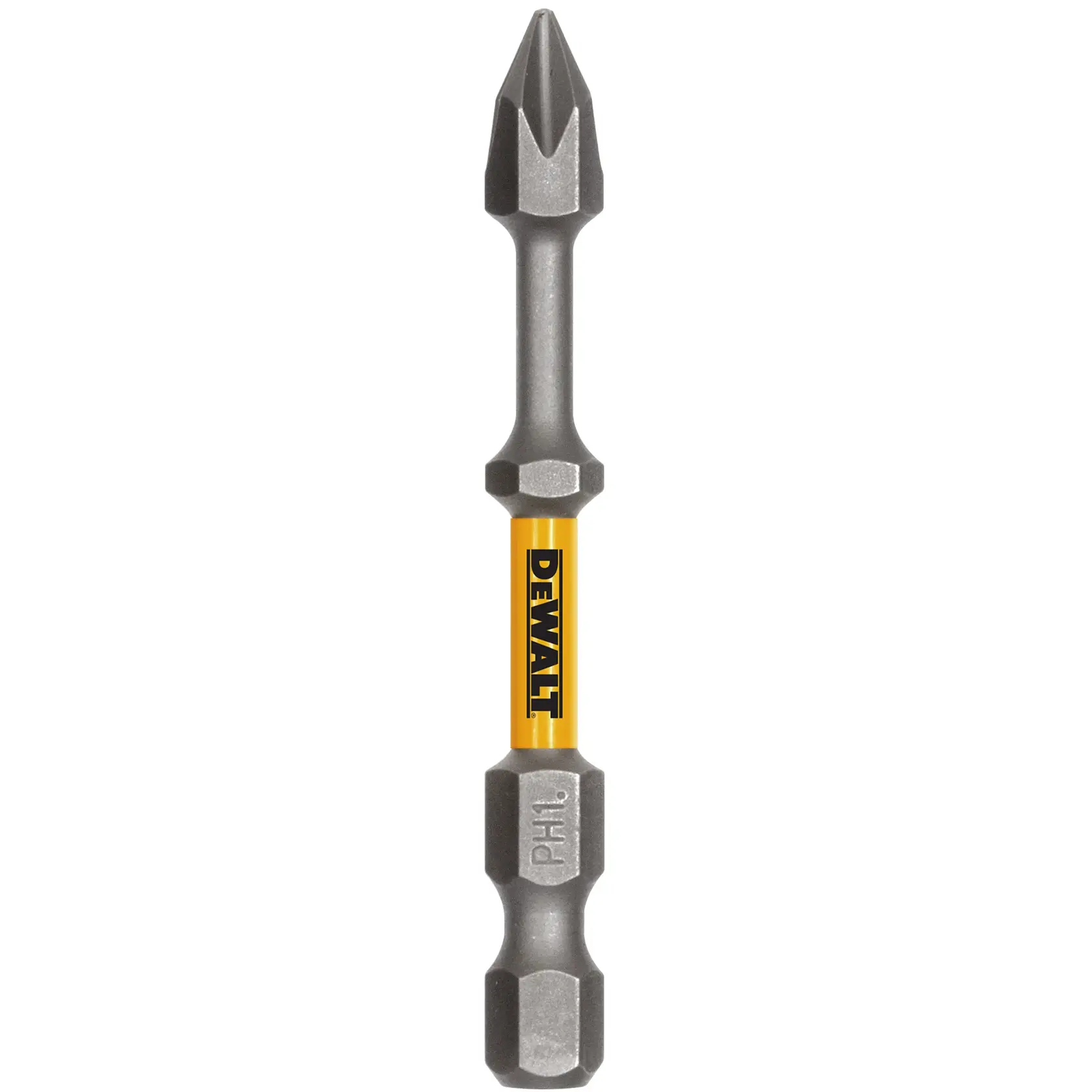 DEWALT double-ended screwdriver bit with yellow shaft and PH1 marking.