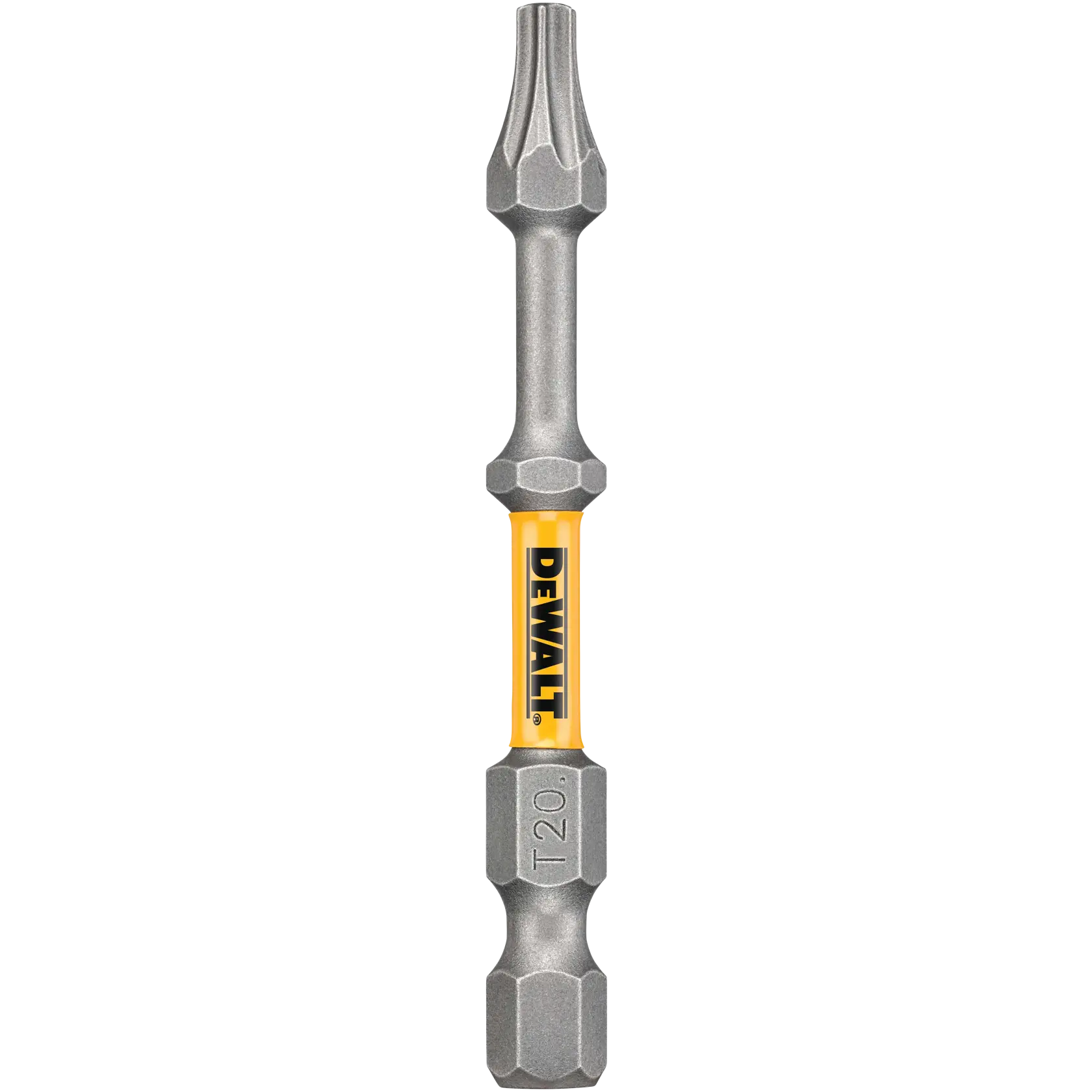 DEWALT branded double-ended screwdriver bit with a yellow center and metal tips, featuring a Torx head and marked with 'T20'.