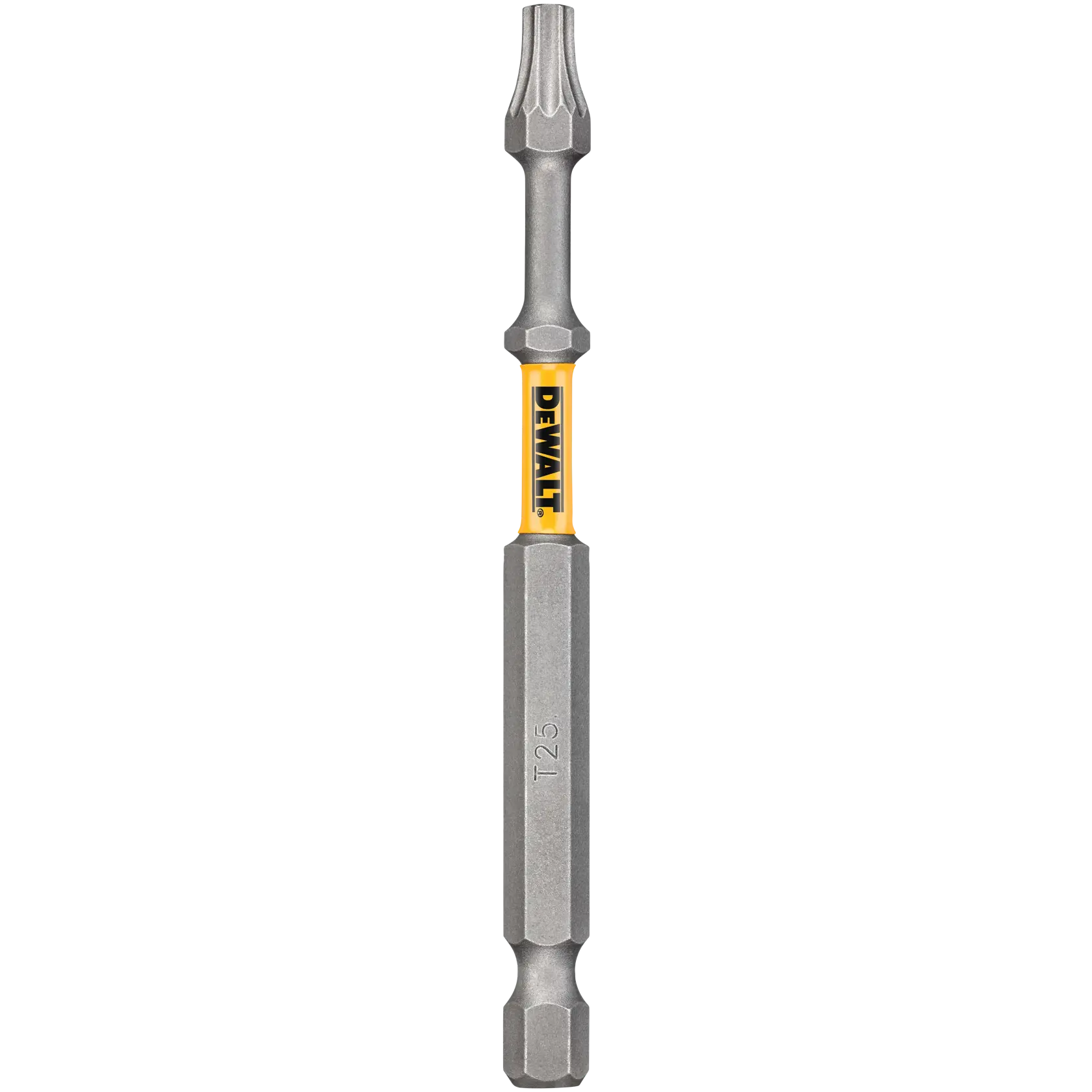 A DEWALT branded metal screwdriver bit with a Torx head, featuring a yellow accent around the brand name near the center.