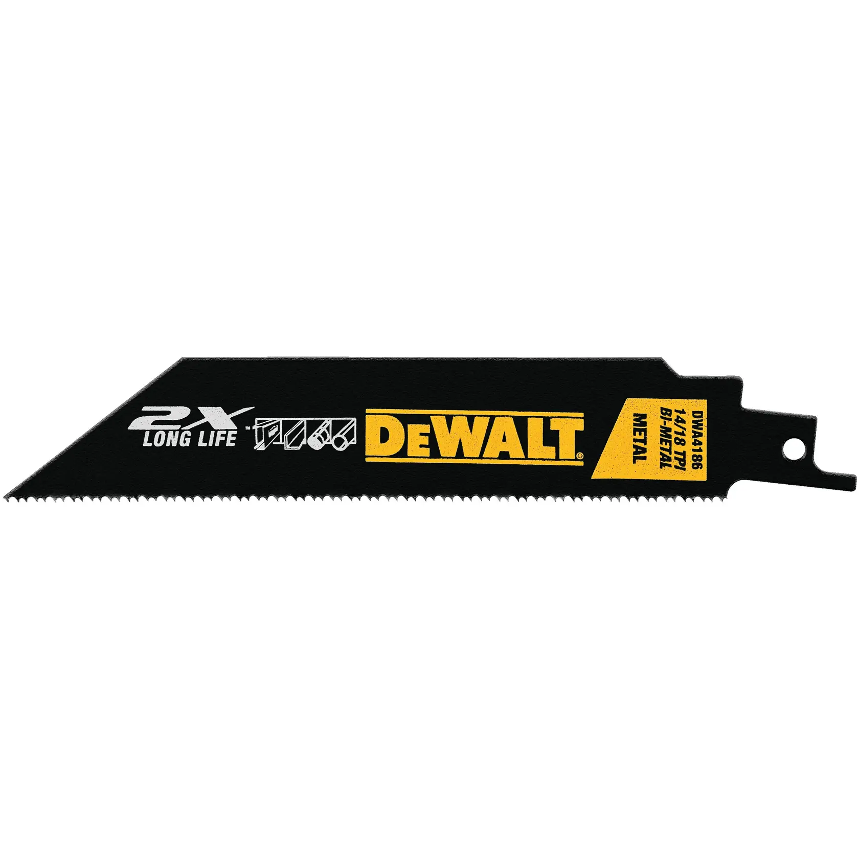 DEWALT DWA4186 bi-metal reciprocating saw blade for metal cutting. The blade is black with yellow and white branding and text, showing its long life feature and compatibility with metal materials.