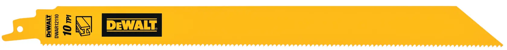 A yellow DEWALT reciprocating saw blade with sharp teeth, marked with '10 TPI', DEWALT logo, and product information. The blade is straight with an angled tip.