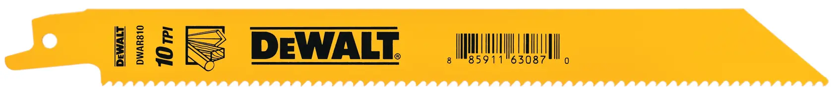 A yellow DEWALT reciprocating saw blade with sharp teeth and product information including SKU DWAR1810 and 10 TPI, designed for cutting wood.