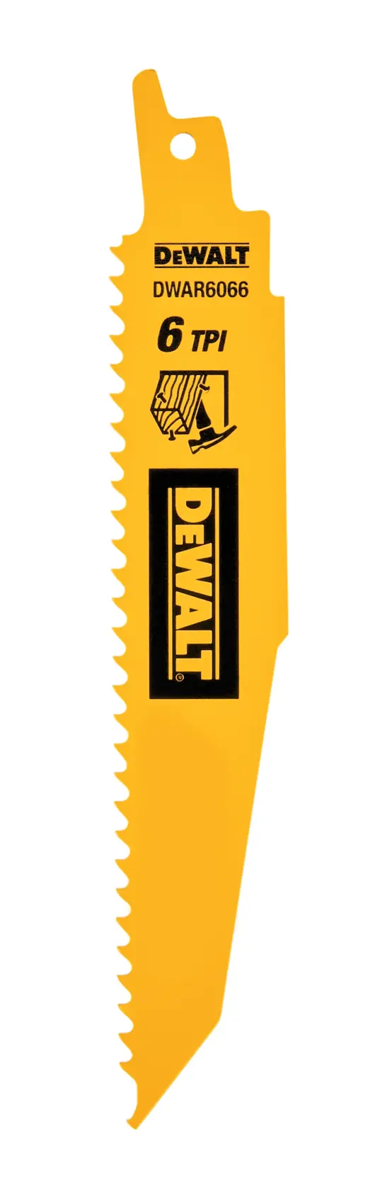 A yellow DEWALT reciprocating saw blade with the model number DWAR6066 and 6 TPI (teeth per inch) printed on it.