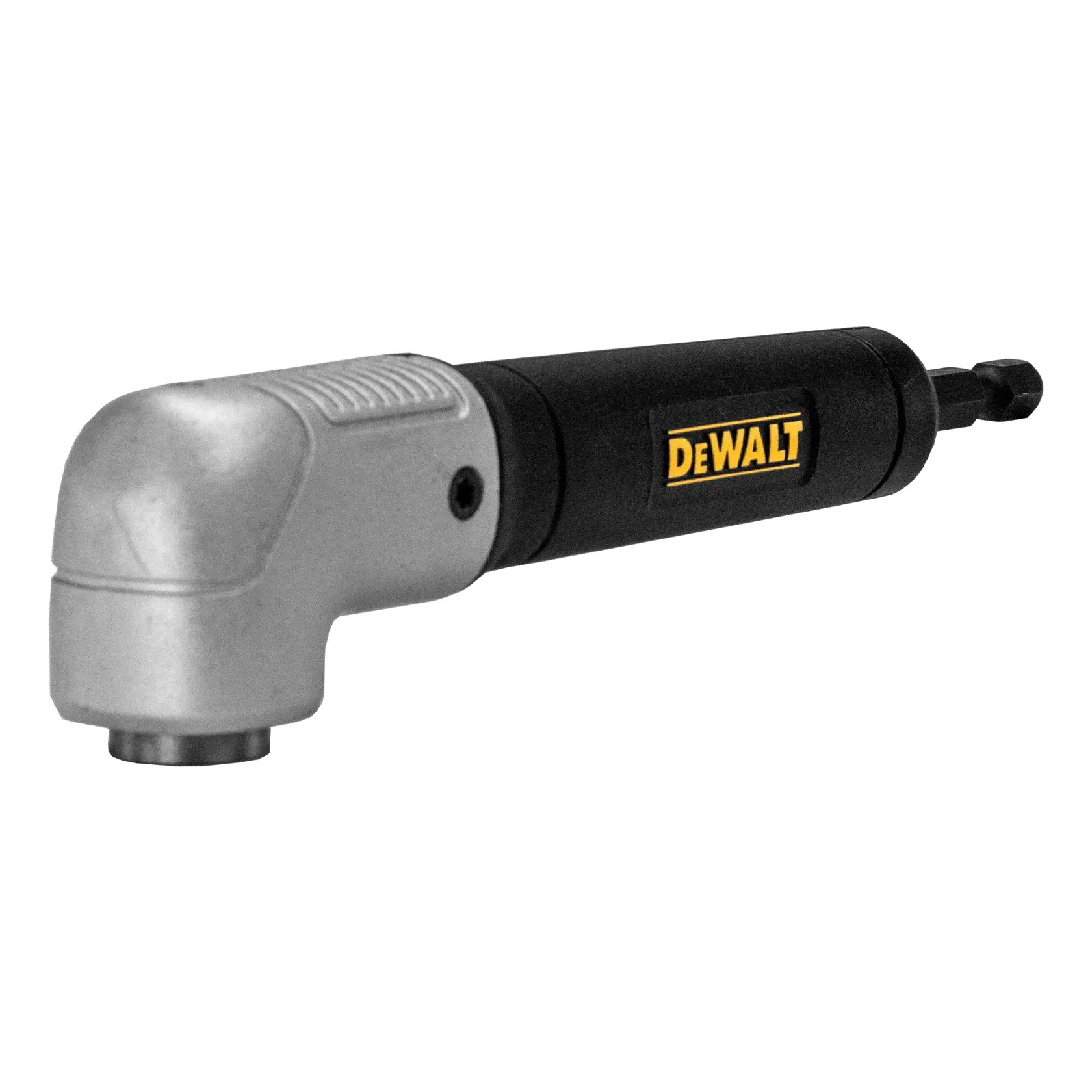 DEWALT right angle attachment tool with a black and silver body, designed for use with drills to access tight spaces. The tool features a DEWALT logo in yellow and black on the side.