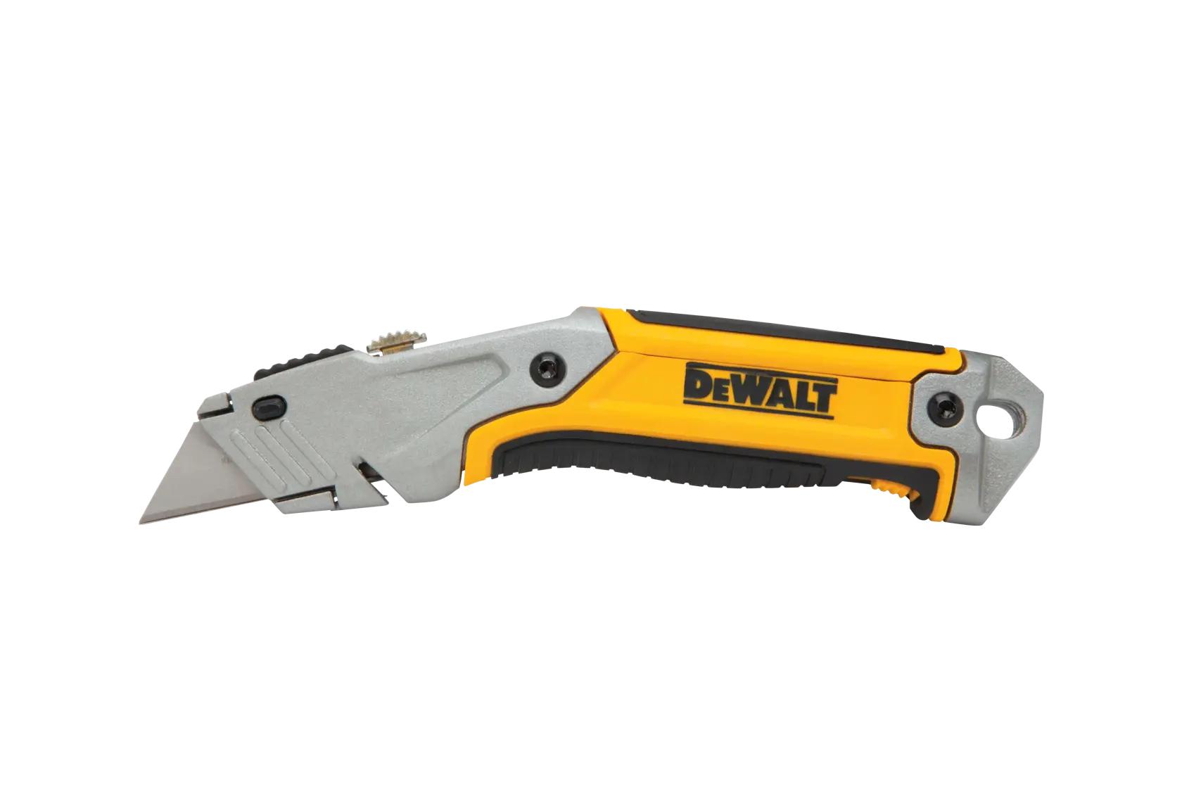 A DEWALT folding utility knife with a yellow and black handle and a silver blade, shown against a white background.
