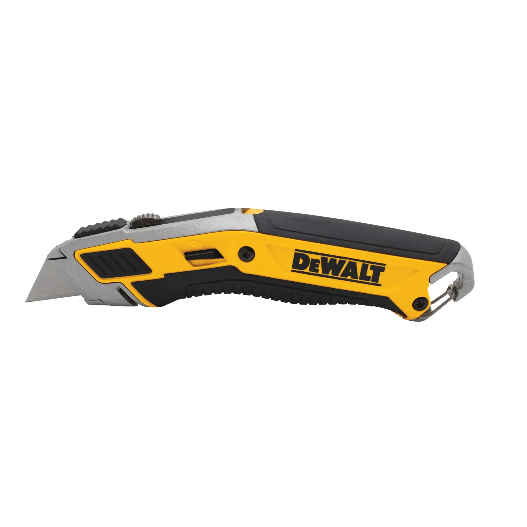 A DEWALT utility knife with a yellow and black handle, featuring an ergonomic design and a retractable blade.