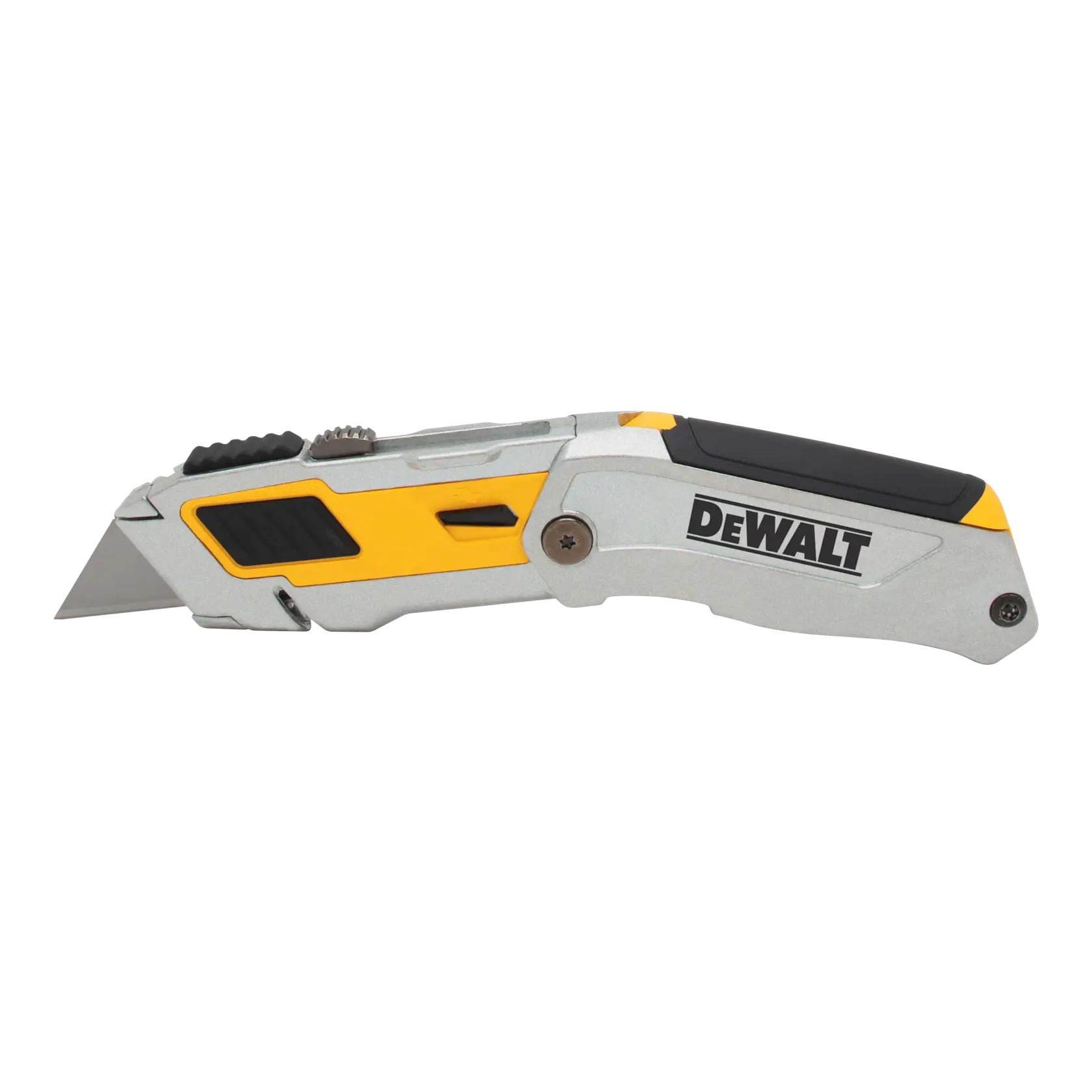 A DEWALT folding utility knife with a silver, yellow, and black handle and a sharp replaceable blade.