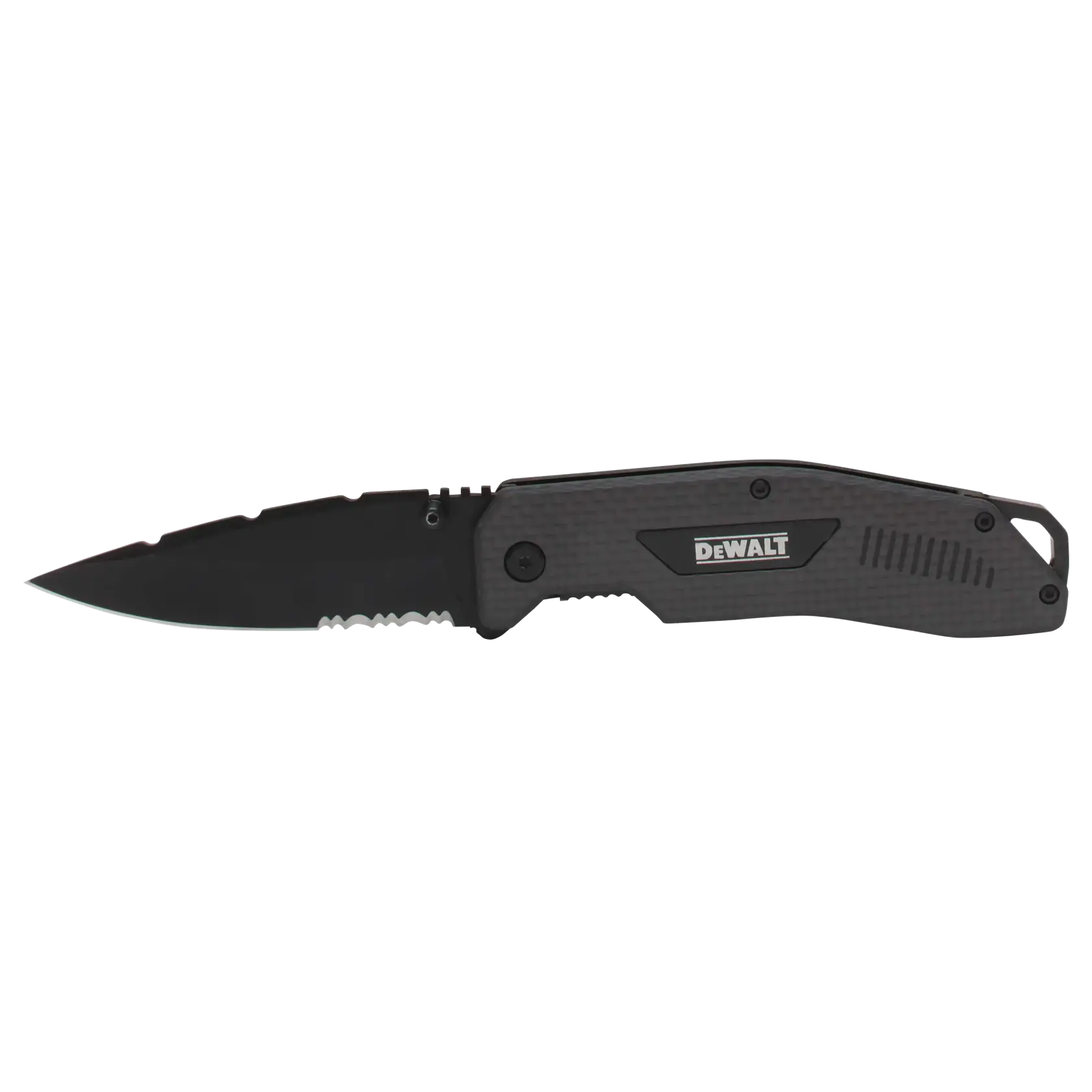 A black folding pocket knife with a partially serrated blade and DEWALT branding on the handle.