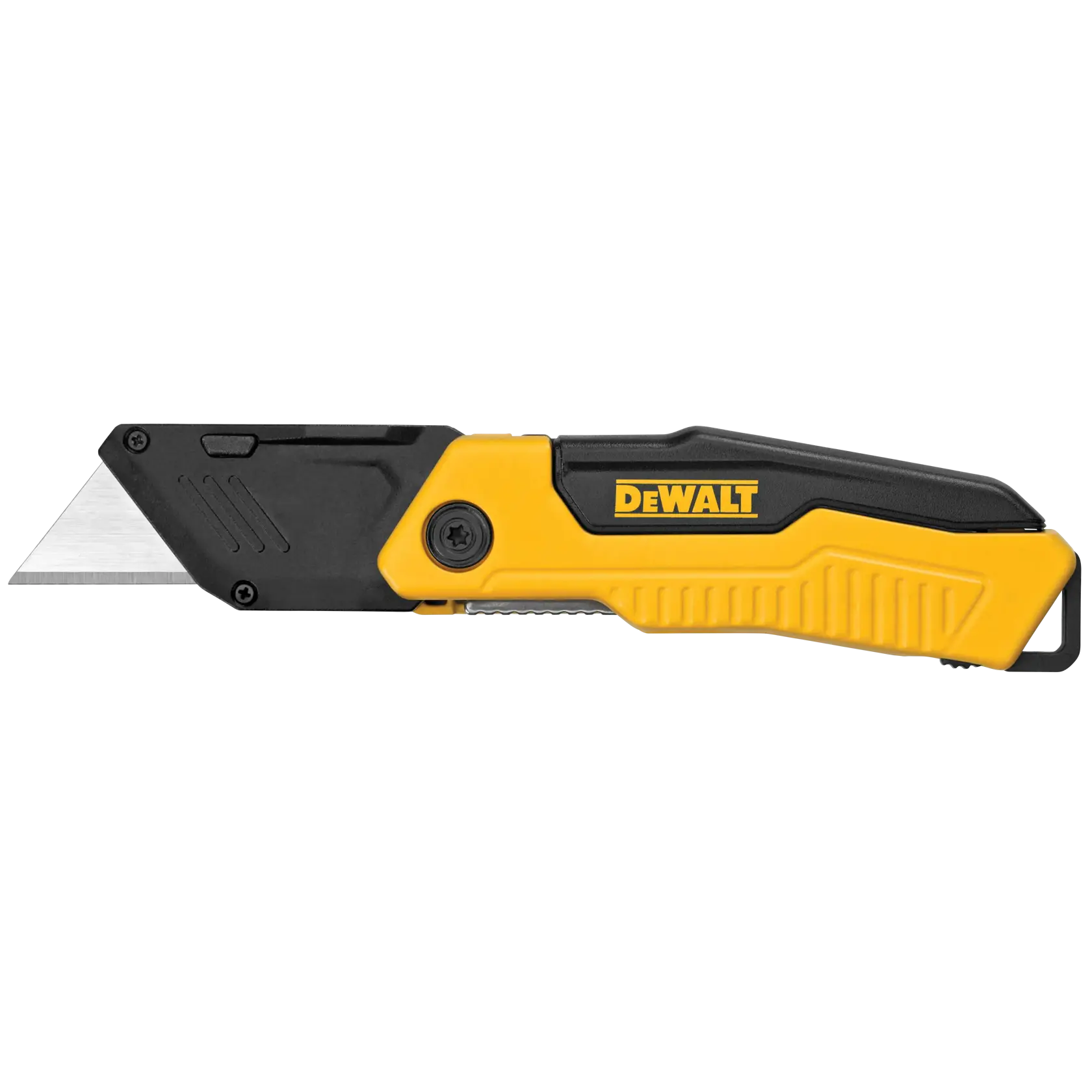 A DEWALT utility knife with a retractable blade, featuring a black and yellow handle and the DEWALT logo.