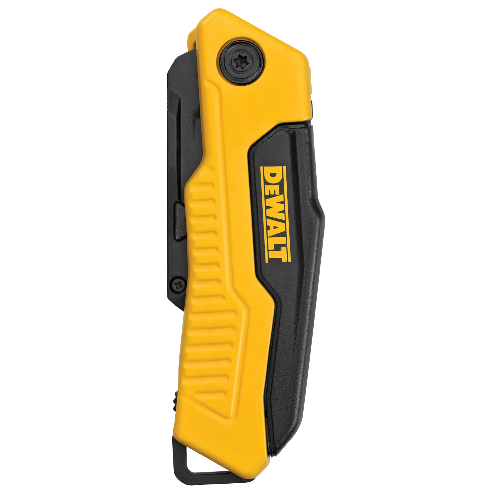 A DEWALT folding utility knife with a yellow and black handle, shown in a closed position against a white background.