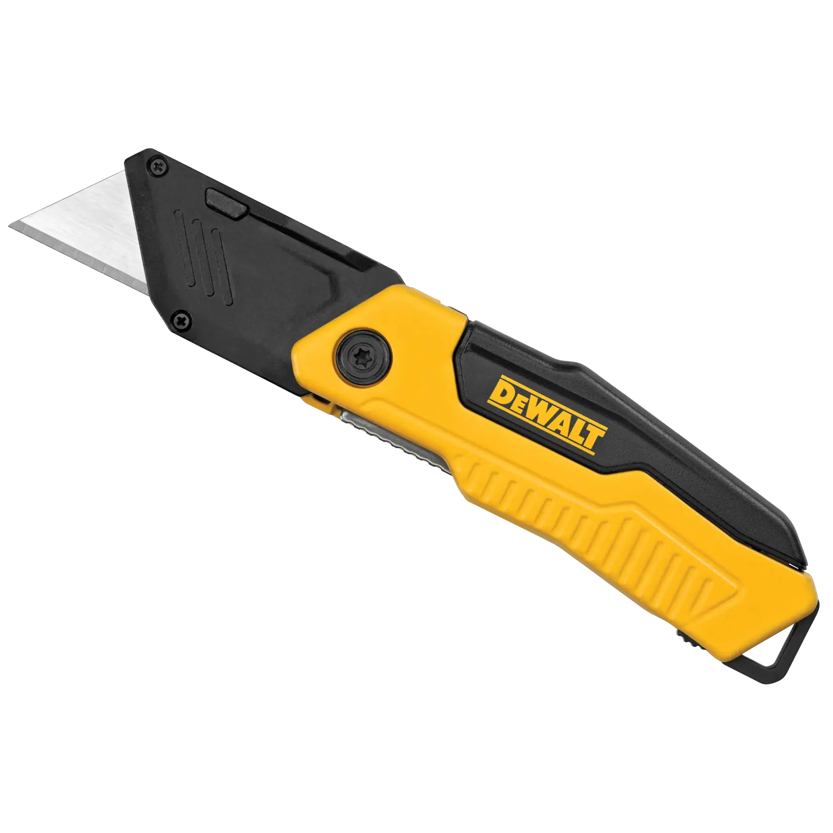 A DEWALT folding utility knife with a yellow and black handle and an exposed silver blade, shown on a white background.