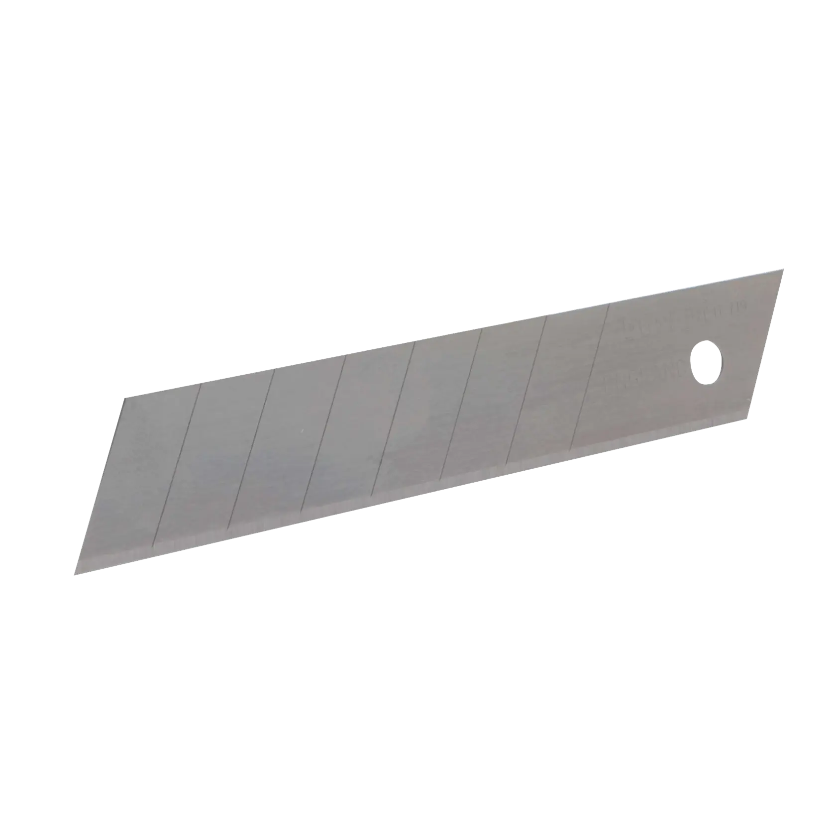 A segmented snap-off utility knife blade made of metal, shown on a white background. The blade has several scored sections and a hole at one end.