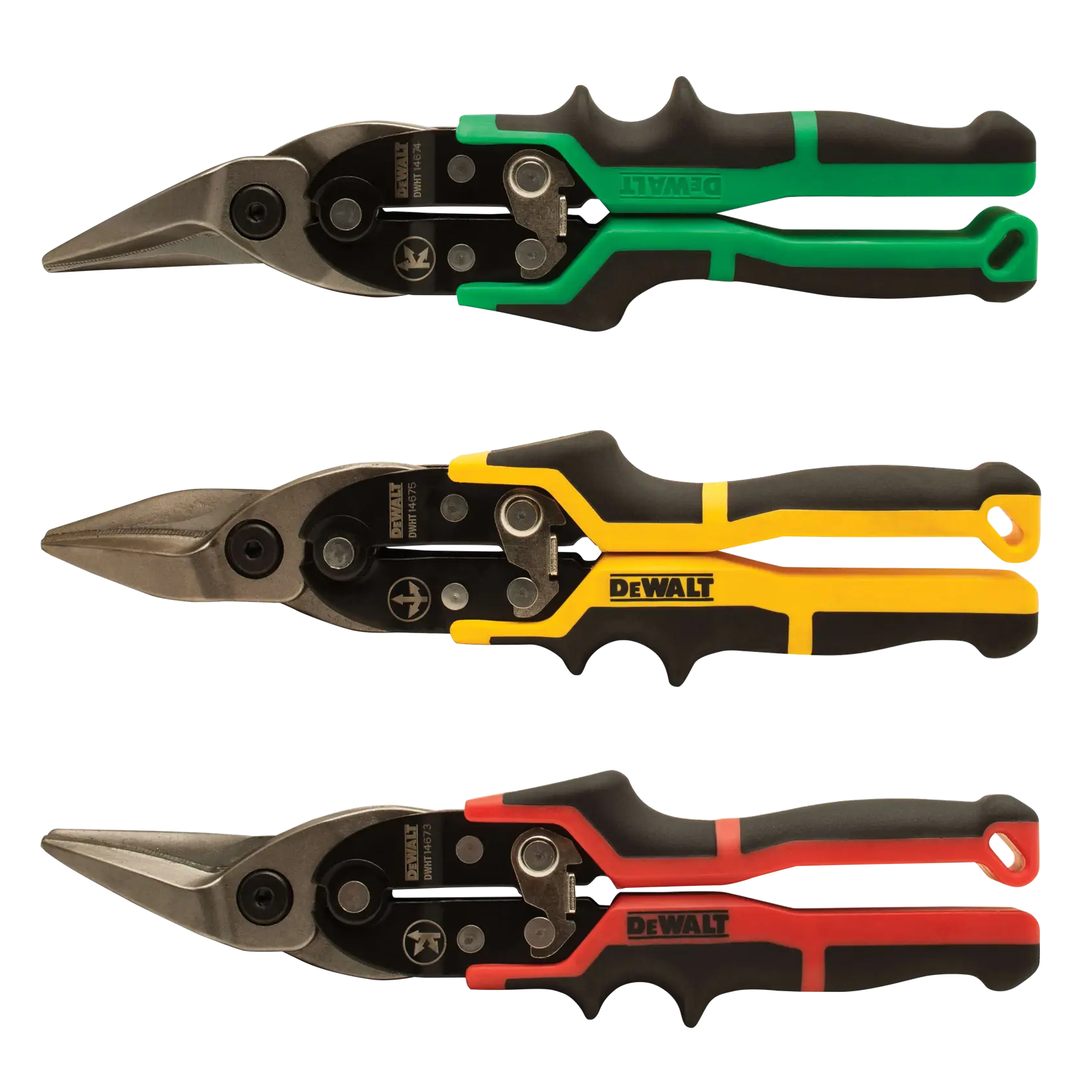 Three DEWALT aviation snips with color-coded handles: green, yellow, and red. The snips are used for cutting sheet metal and each handle color signifies a different cutting direction.