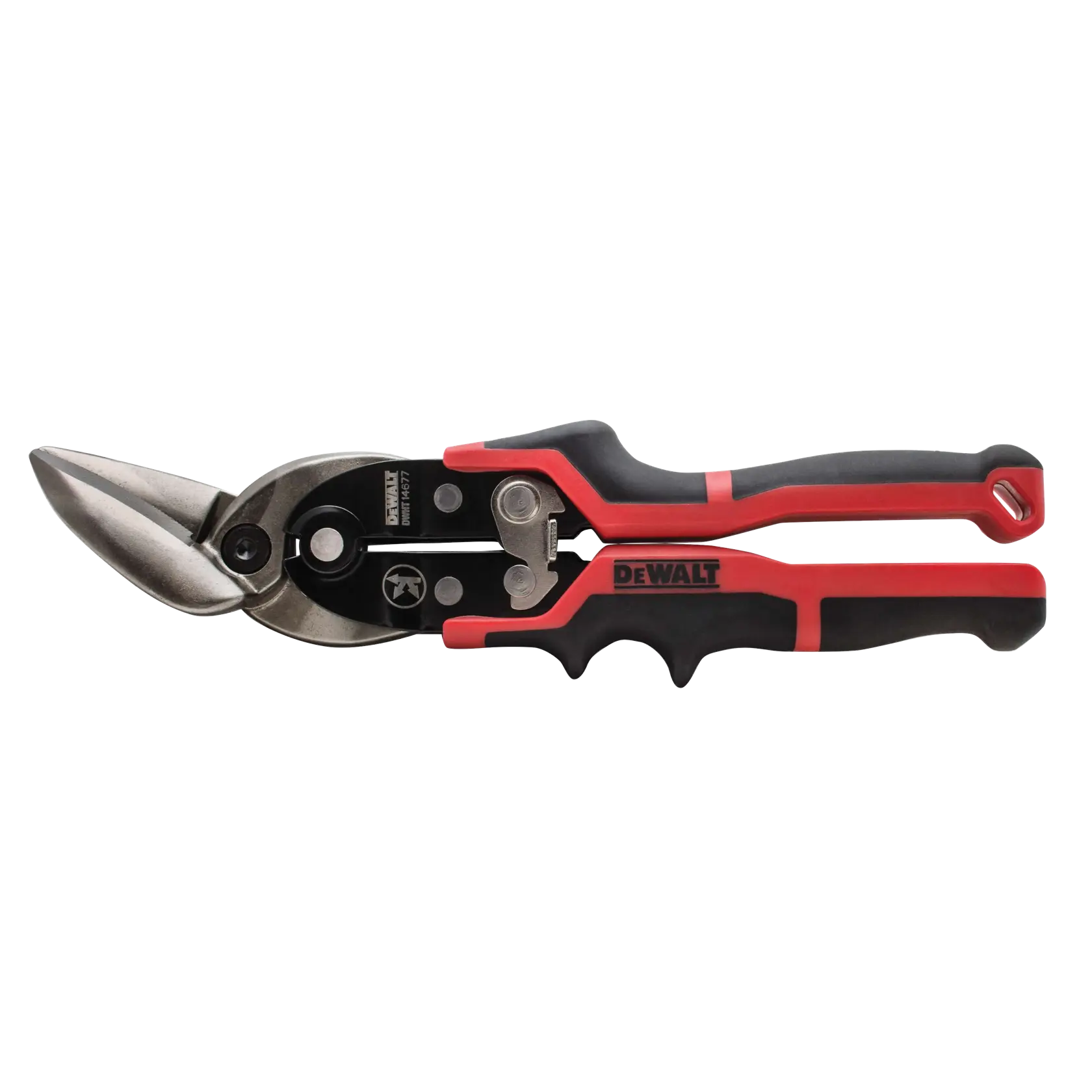 A DEWALT DWHT14677 aviation snip with red and black ergonomic handles and stainless-steel cutting blades, designed for cutting metal.