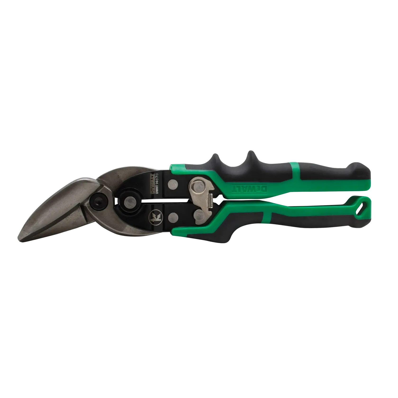 A pair of DEWALT green and black aviation snips with angled metal blades and ergonomic handles, designed for cutting sheet metal.