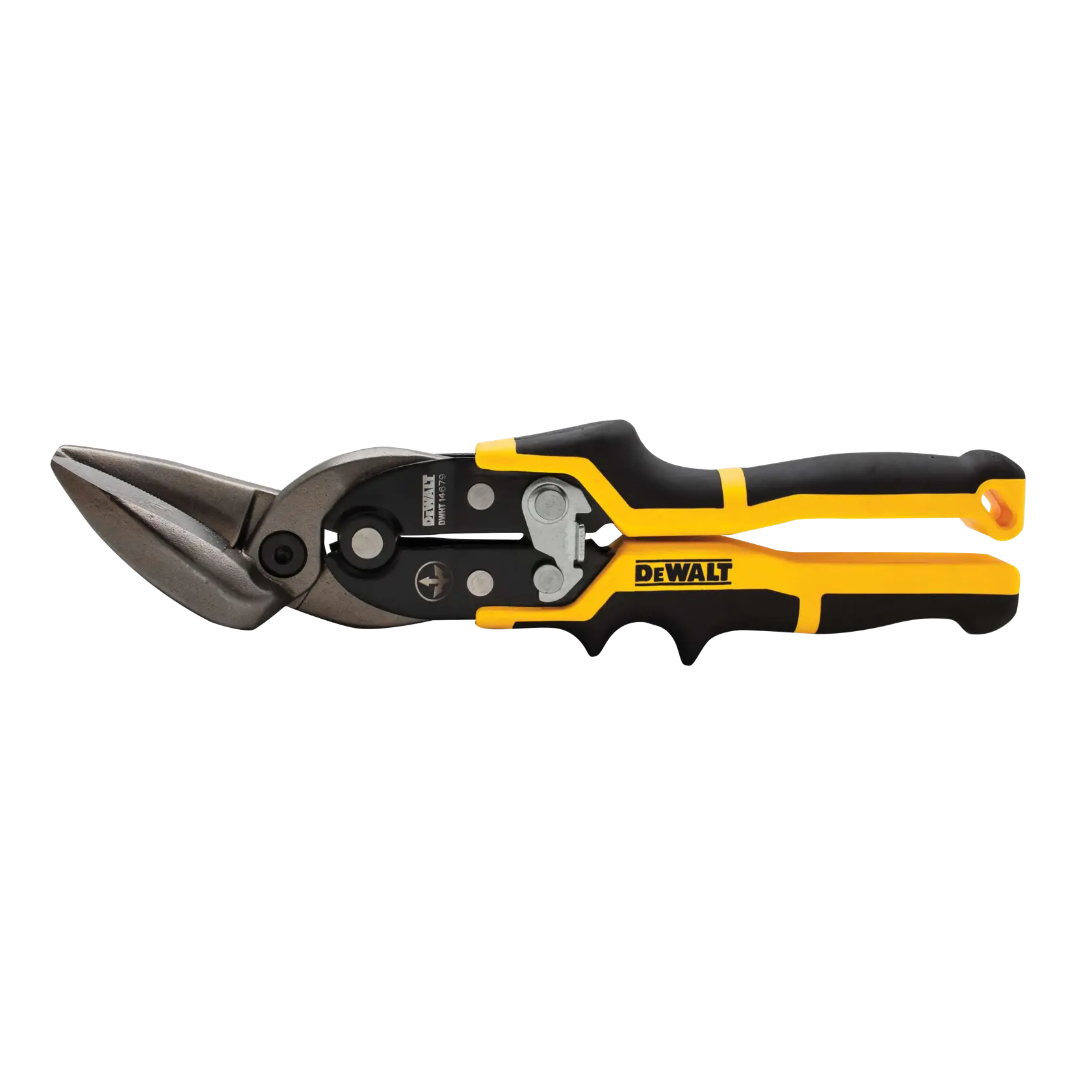 A pair of DEWALT aviation snips with black and yellow ergonomic handles designed for cutting sheet metal.