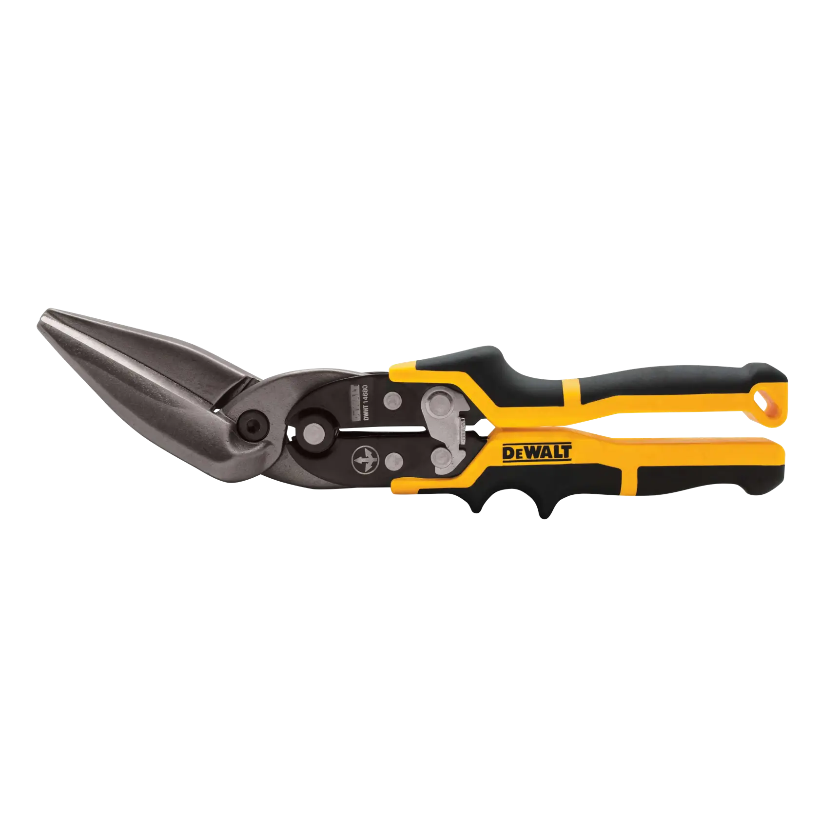DEWALT aviation snips with angled metal blades and black and yellow ergonomic handles.
